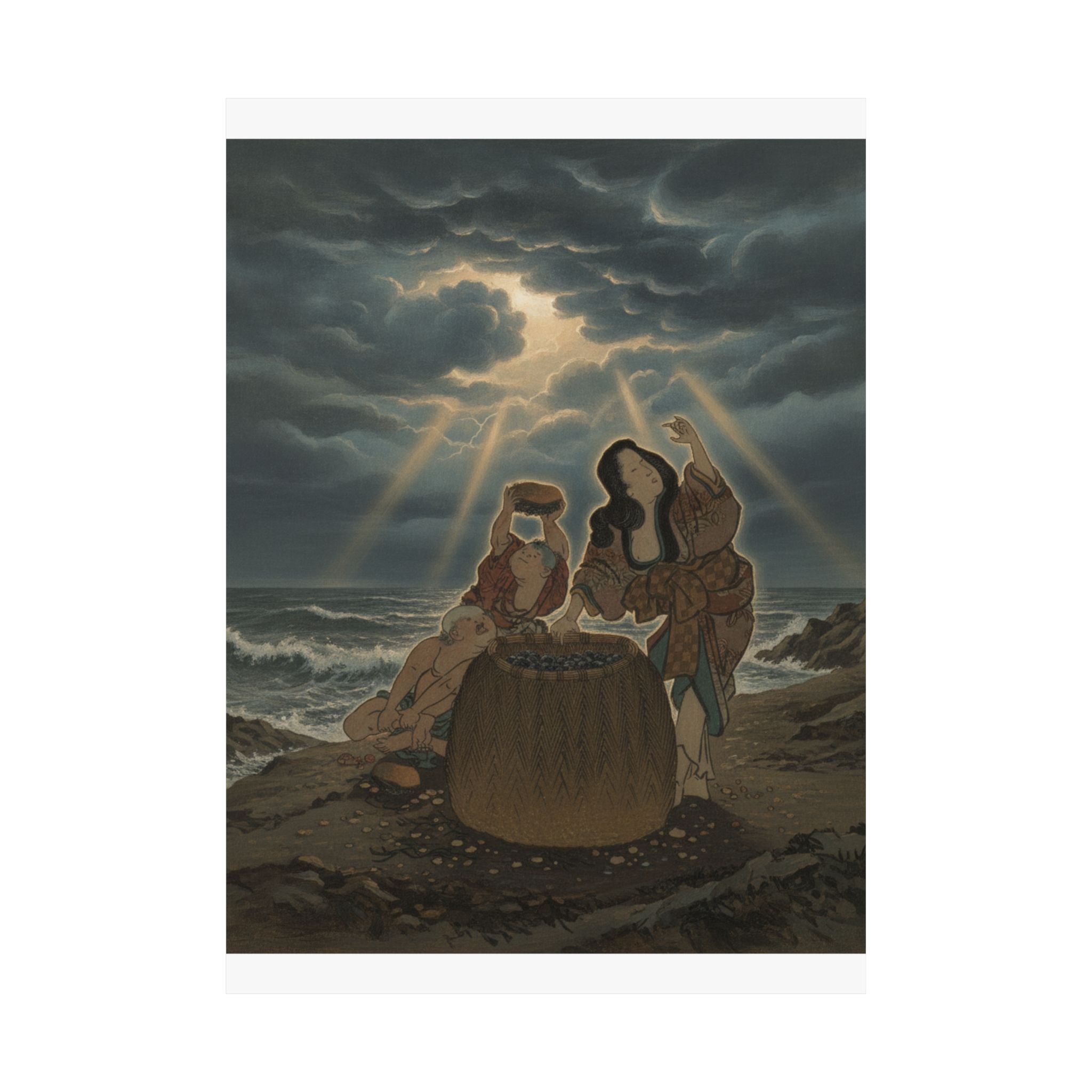 Dramatic Storm — Fisherwoman With A Basket And Two Boys — Matte Poster