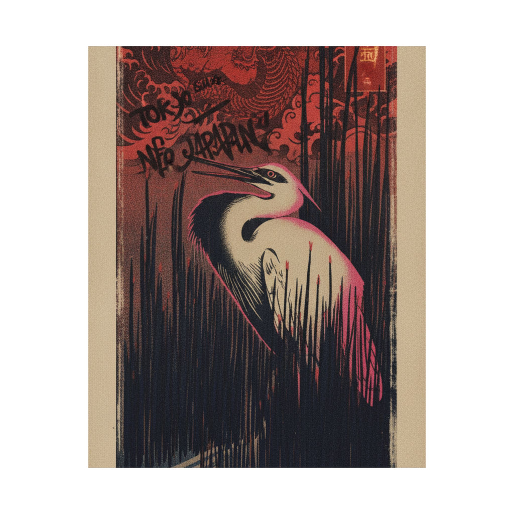 Japanese Street — White Heron Standing Among Reeds — Matte Poster