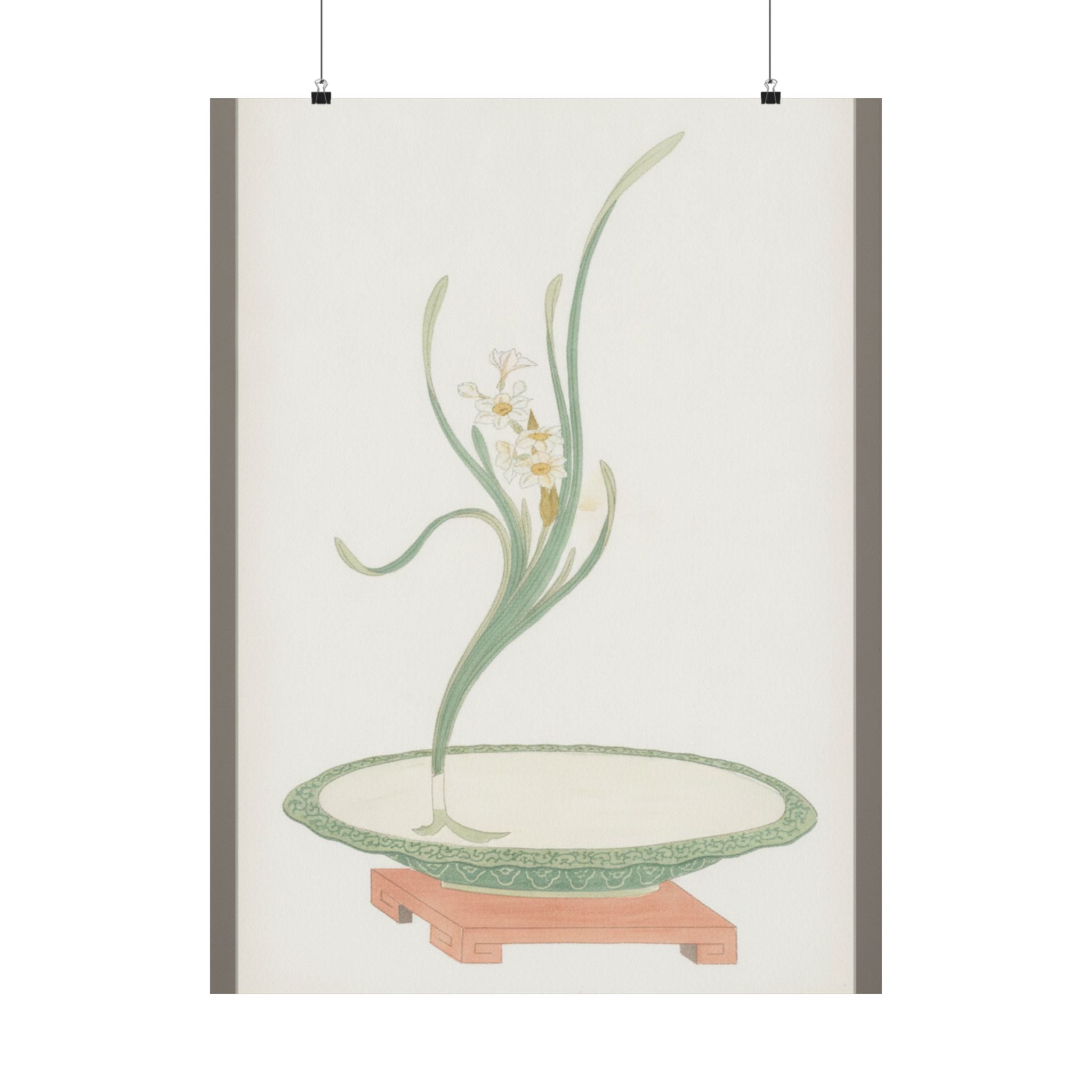 Watercolor — Flower Arrangement Of Suisen (Narcissus) In A Flat Green Dish — Matte Poster