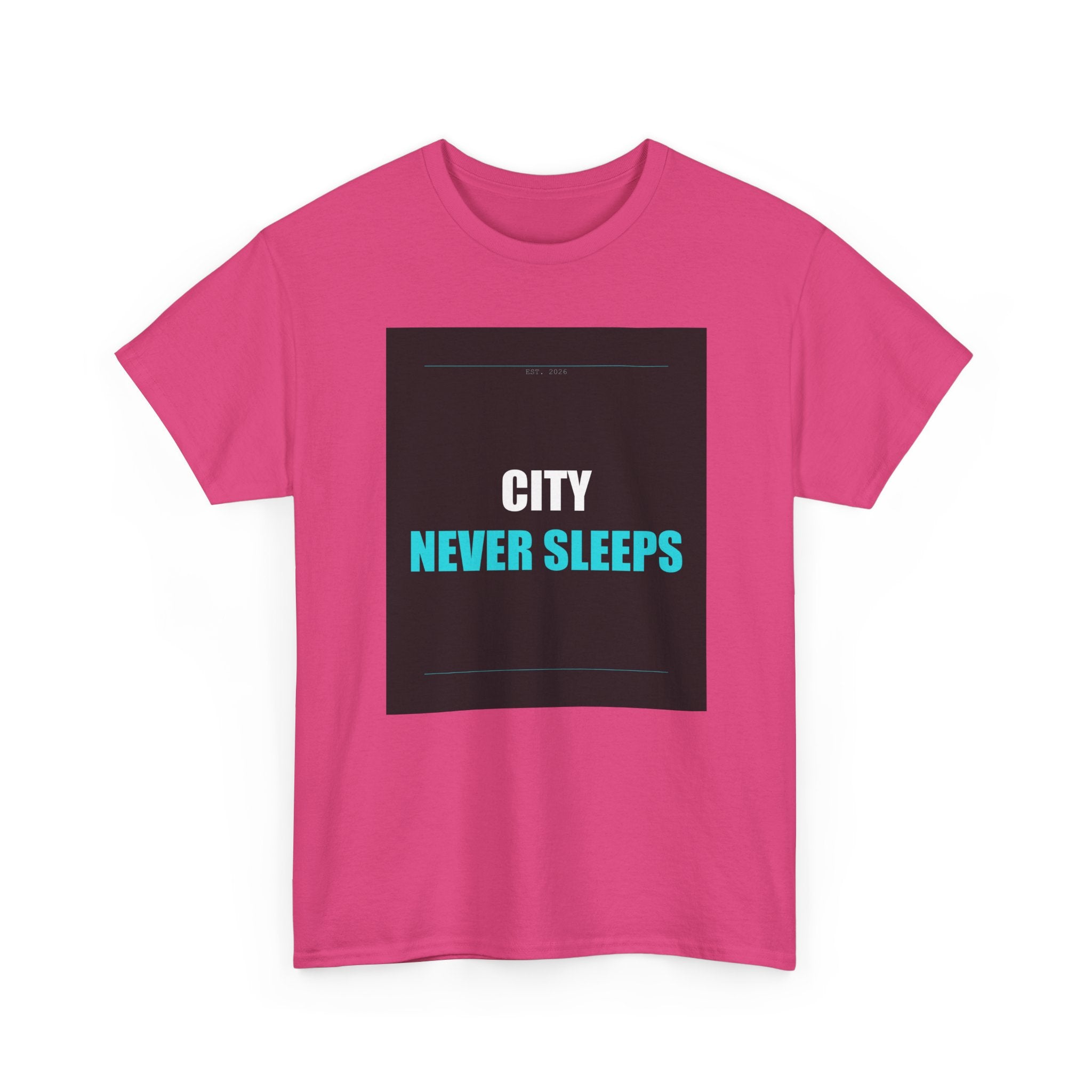CITY NEVER SLEEPS Cyan Type on Charcoal Graphic Tee