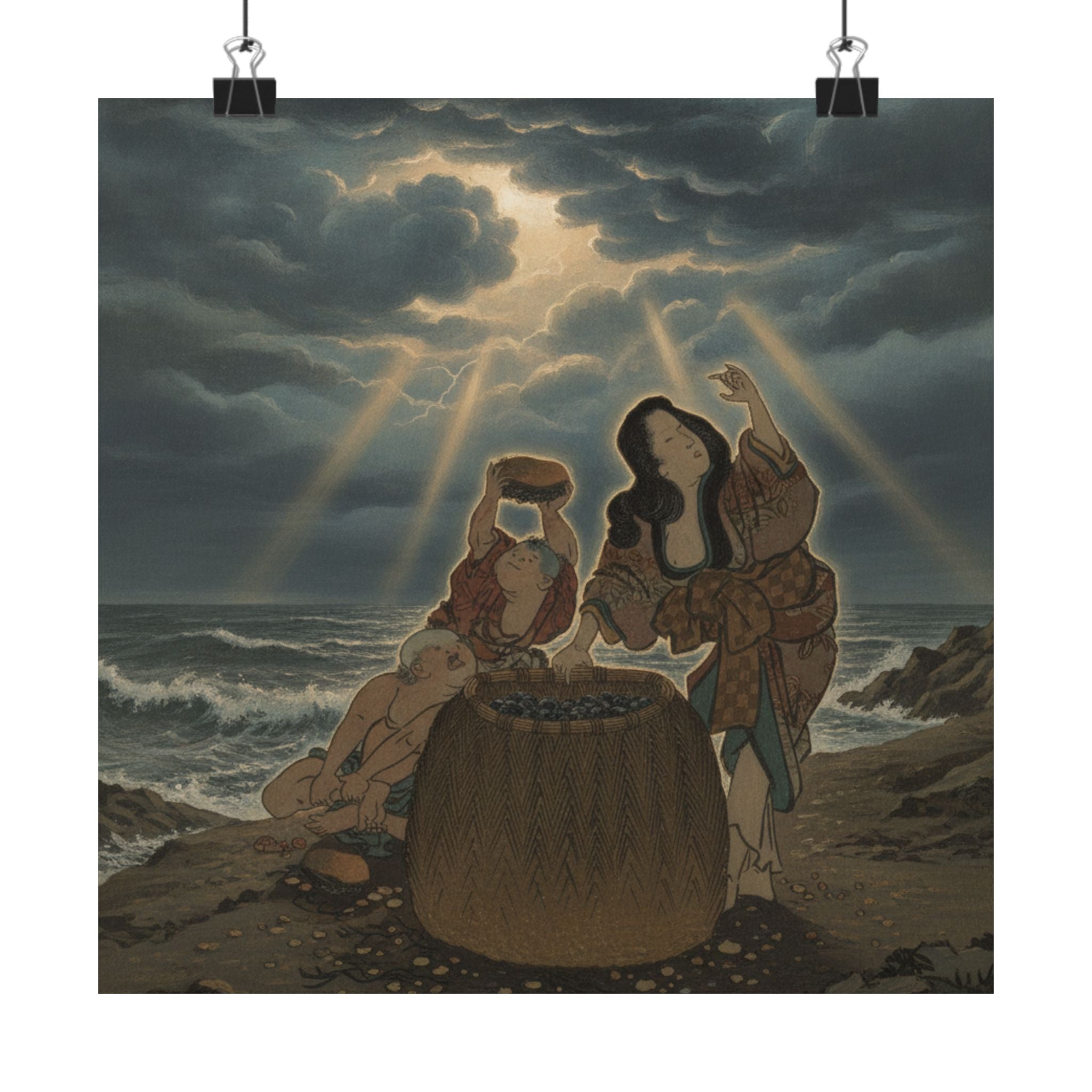 Dramatic Storm — Fisherwoman With A Basket And Two Boys — Matte Poster