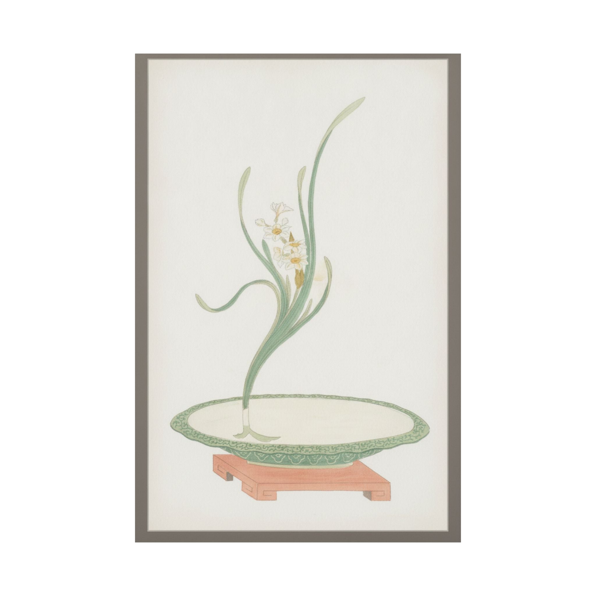Watercolor — Flower Arrangement Of Suisen (Narcissus) In A Flat Green Dish — Matte Poster
