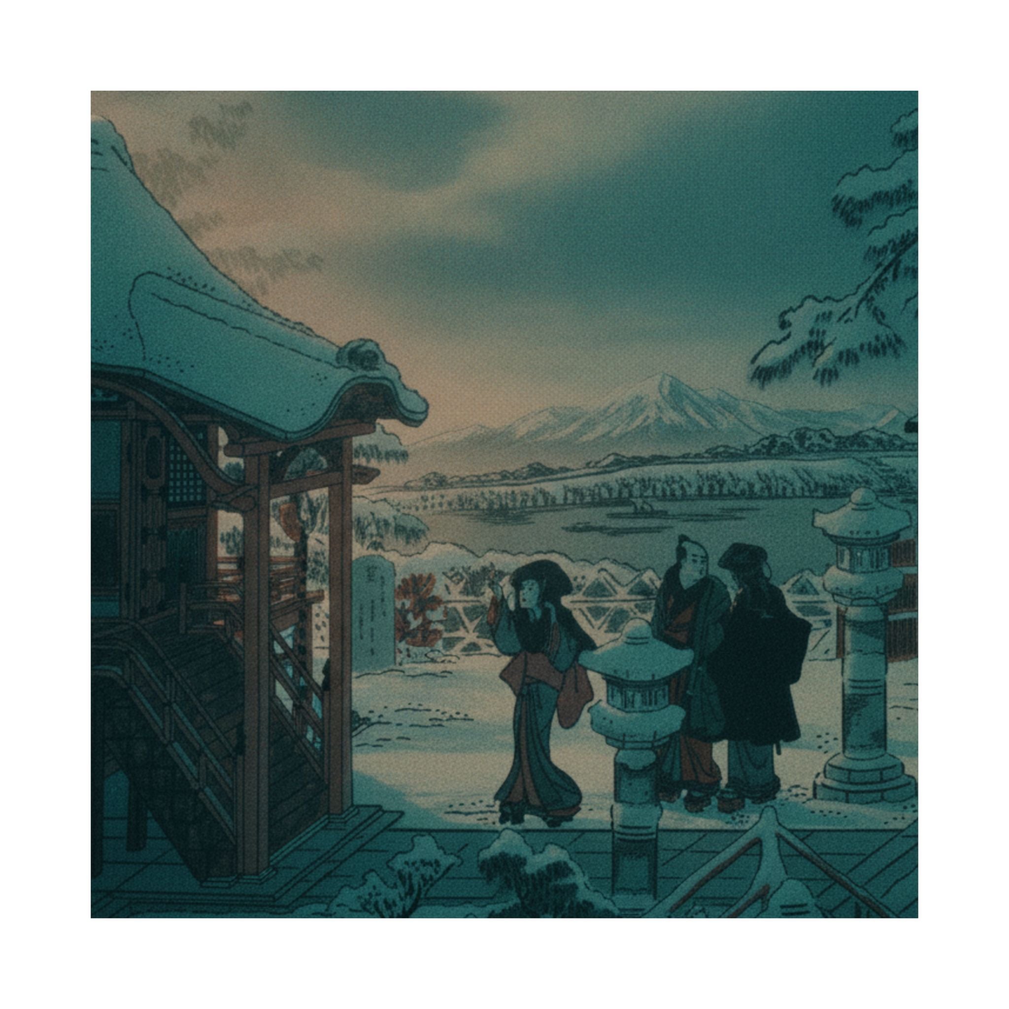 Cinematic — Snow Scene With Figures Outside A Temple — Matte Poster