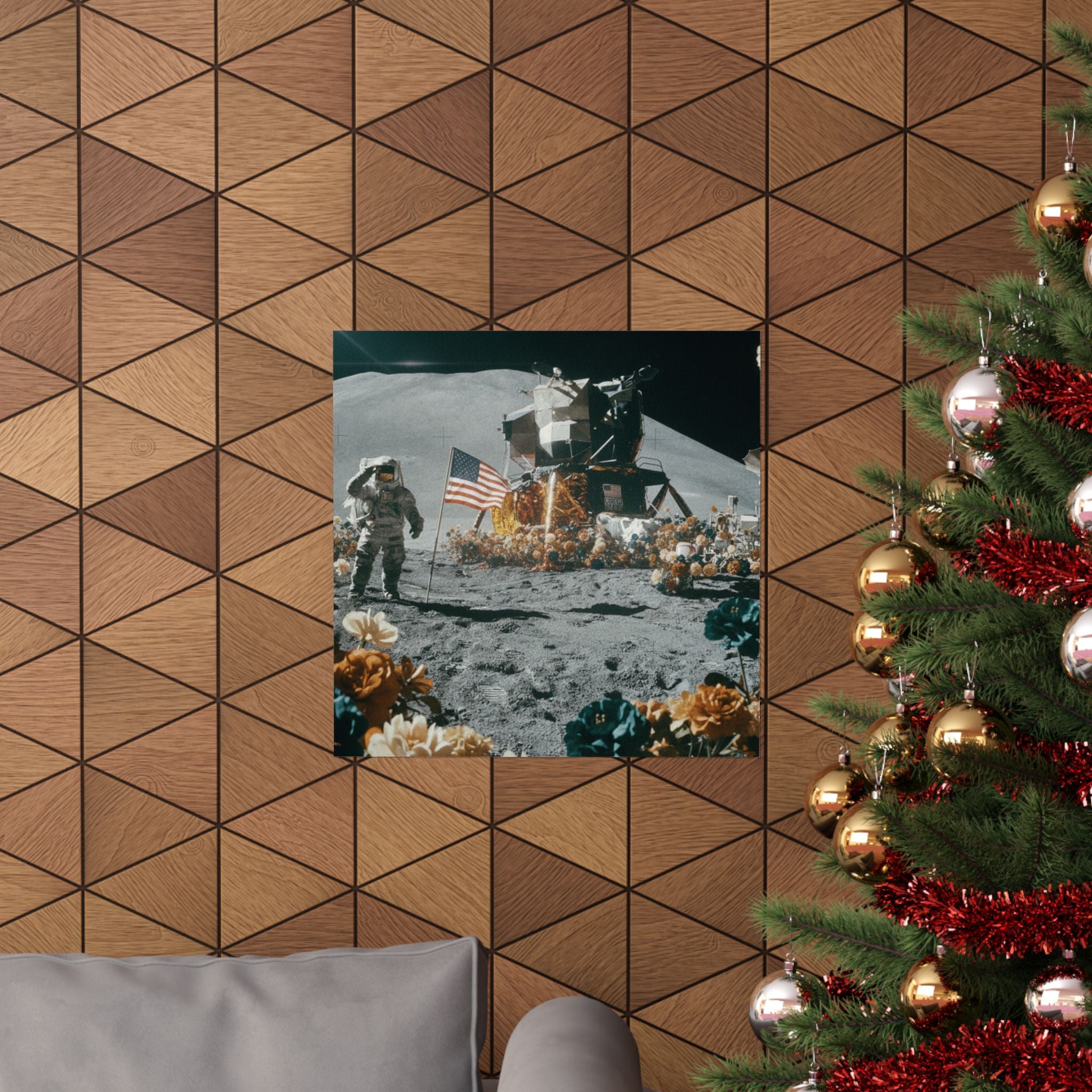 Astronaut Moon Landing in Bloom Surreal Space Poster