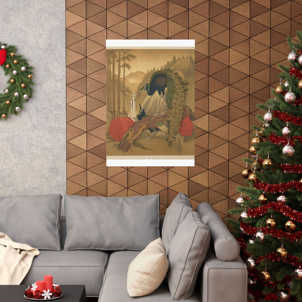 Scenic Nature — Painting Of Peacocks, Pines, A Waterfall, And A Roll Of Red Fabric — Matte Poster