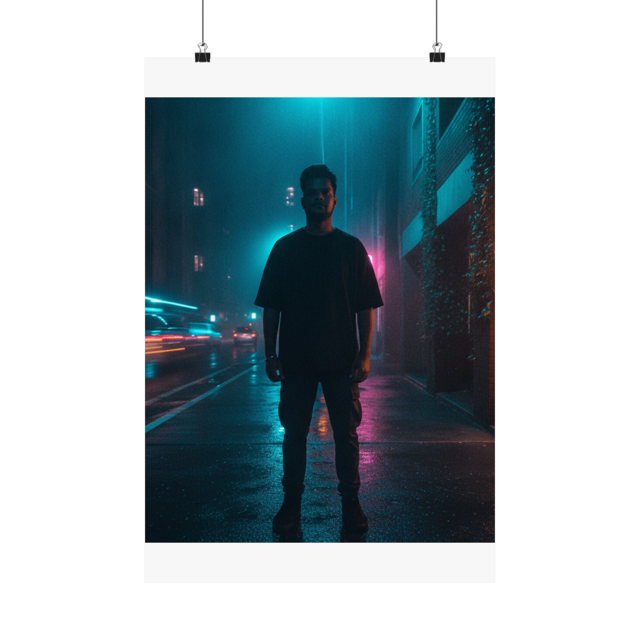 Rainy Neon City Street Silhouette Teal Pink Matte Poster