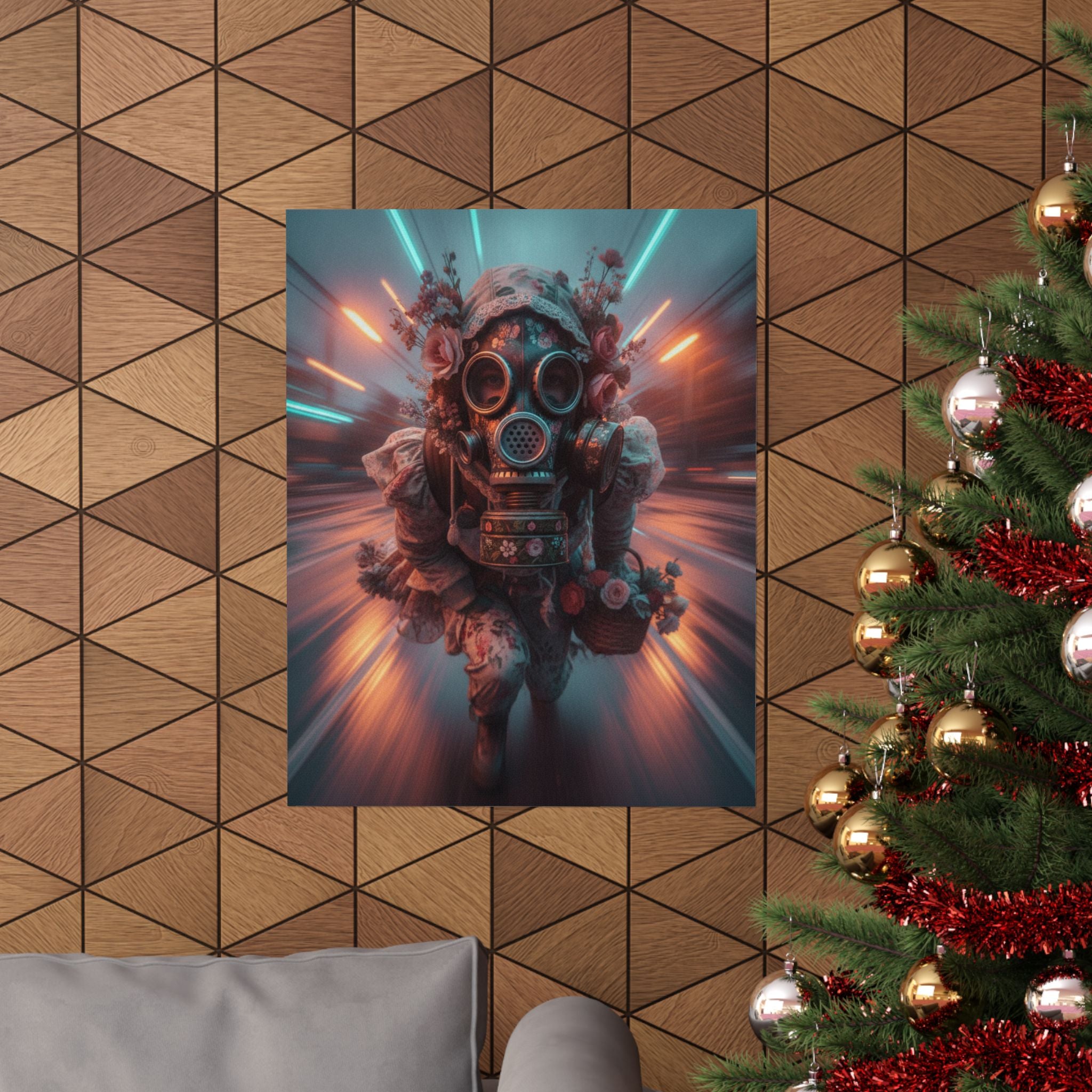 Neon Tunnel Rose Gas Mask Post-Apocalyptic Poster