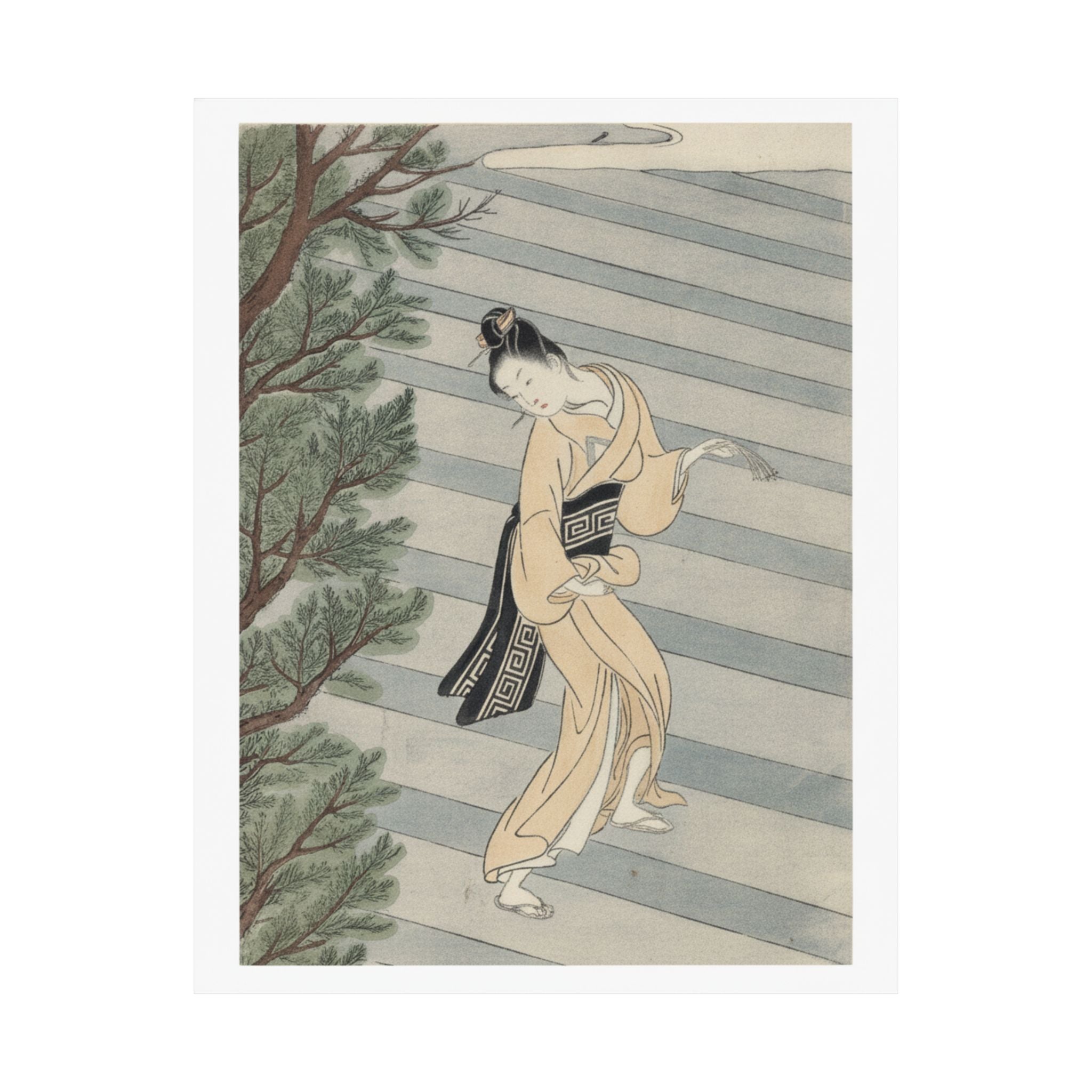 Watercolor — Young Woman Climbing Stone Stairs To A Shinto Temple — Matte Poster