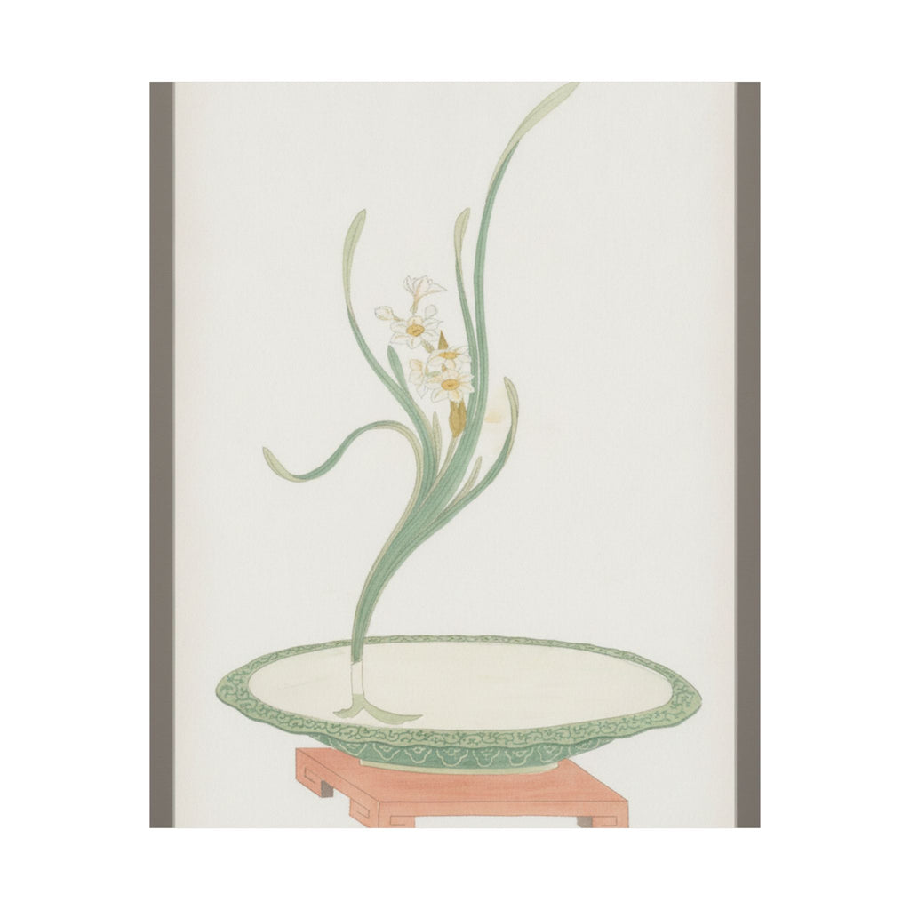 Watercolor — Flower Arrangement Of Suisen (Narcissus) In A Flat Green Dish — Matte Poster