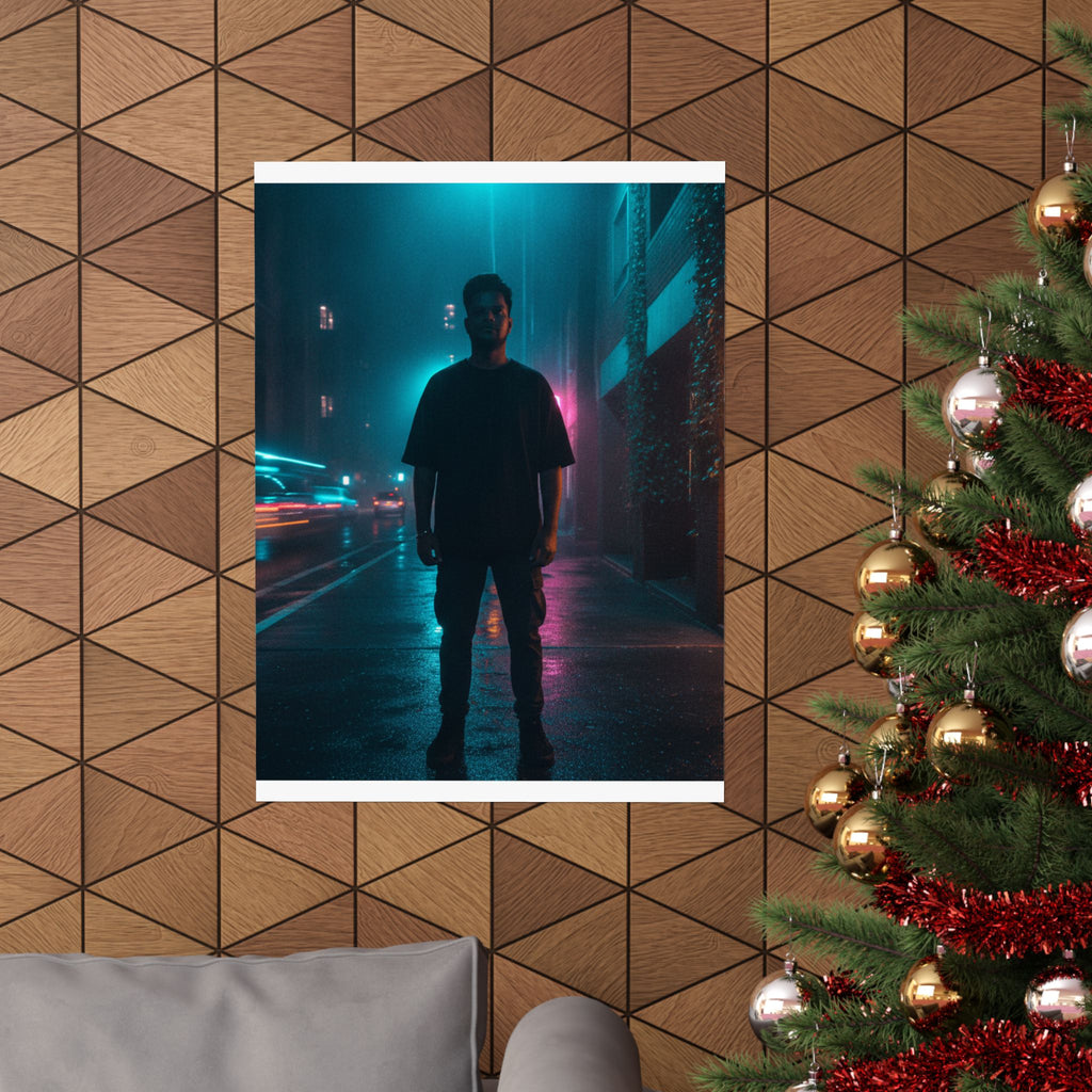 Rainy Neon City Street Silhouette Teal Pink Matte Poster