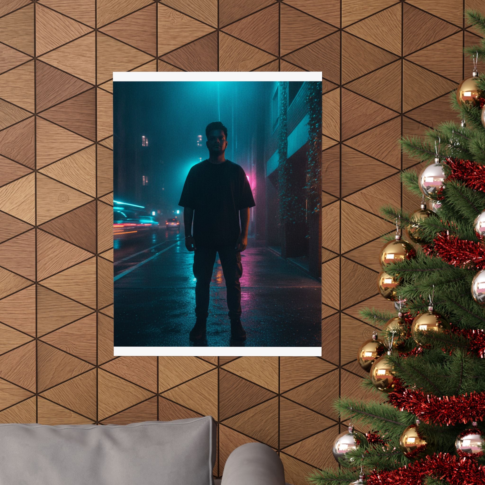 Rainy Neon City Street Silhouette Teal Pink Matte Poster