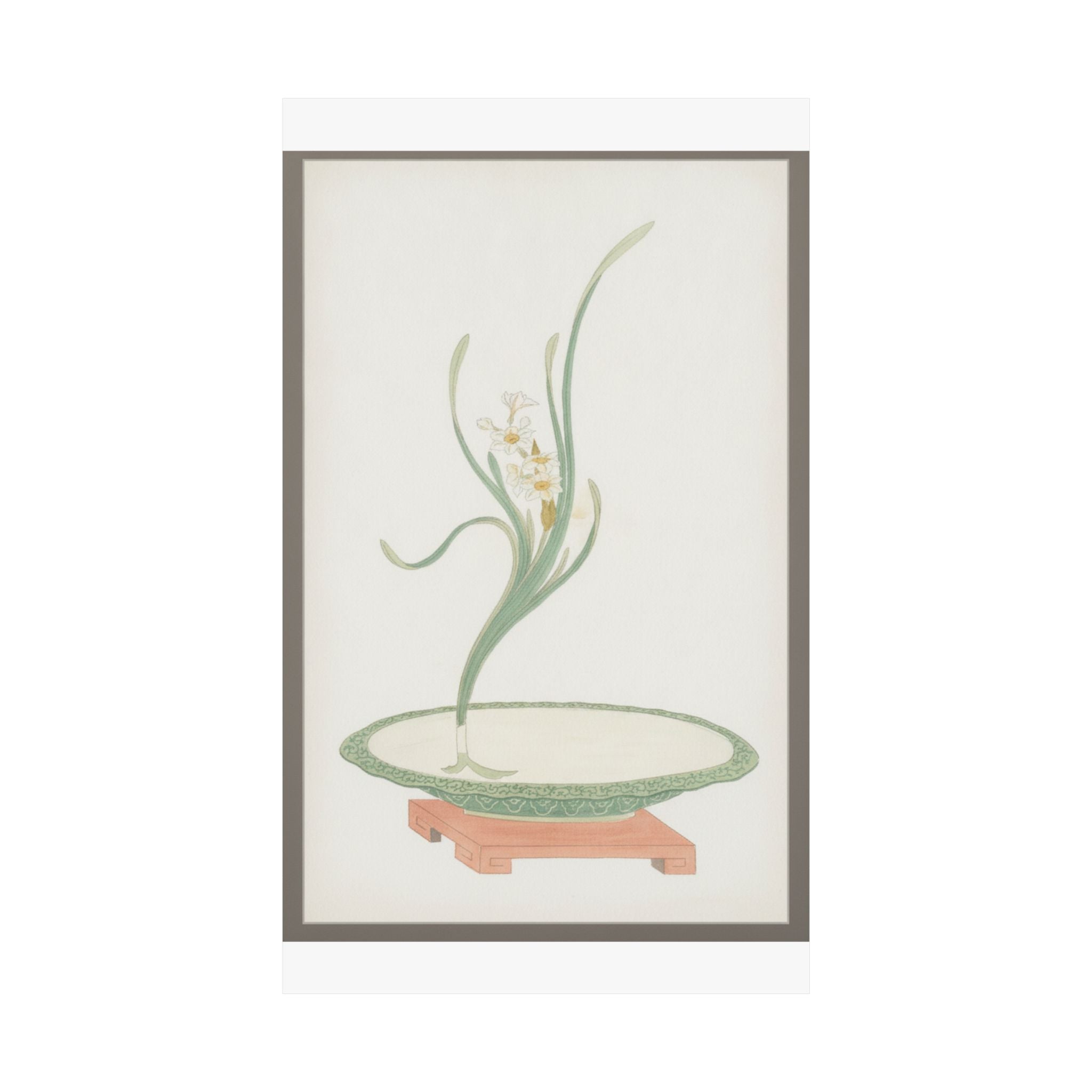 Watercolor — Flower Arrangement Of Suisen (Narcissus) In A Flat Green Dish — Matte Poster
