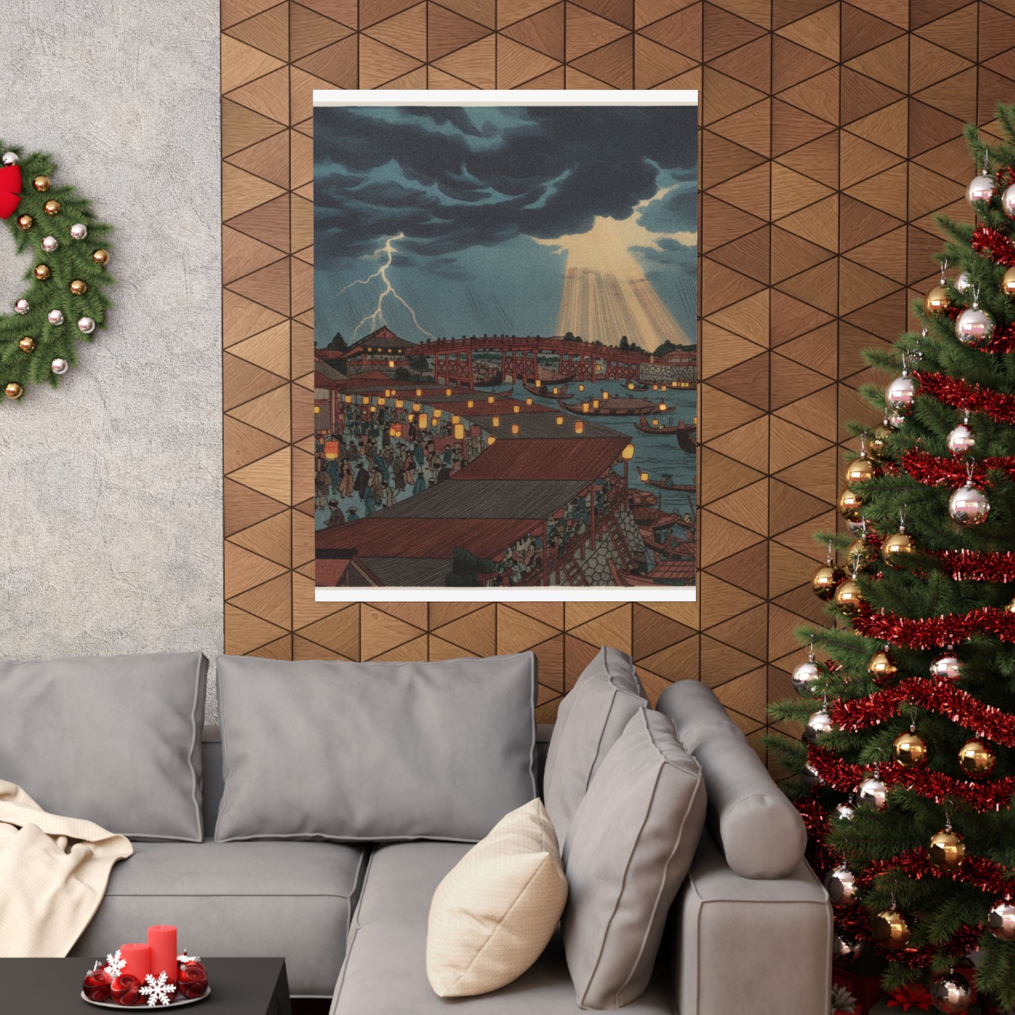 Dramatic Storm — Landscape; Showing Water Festival With Lanterns — Matte Poster