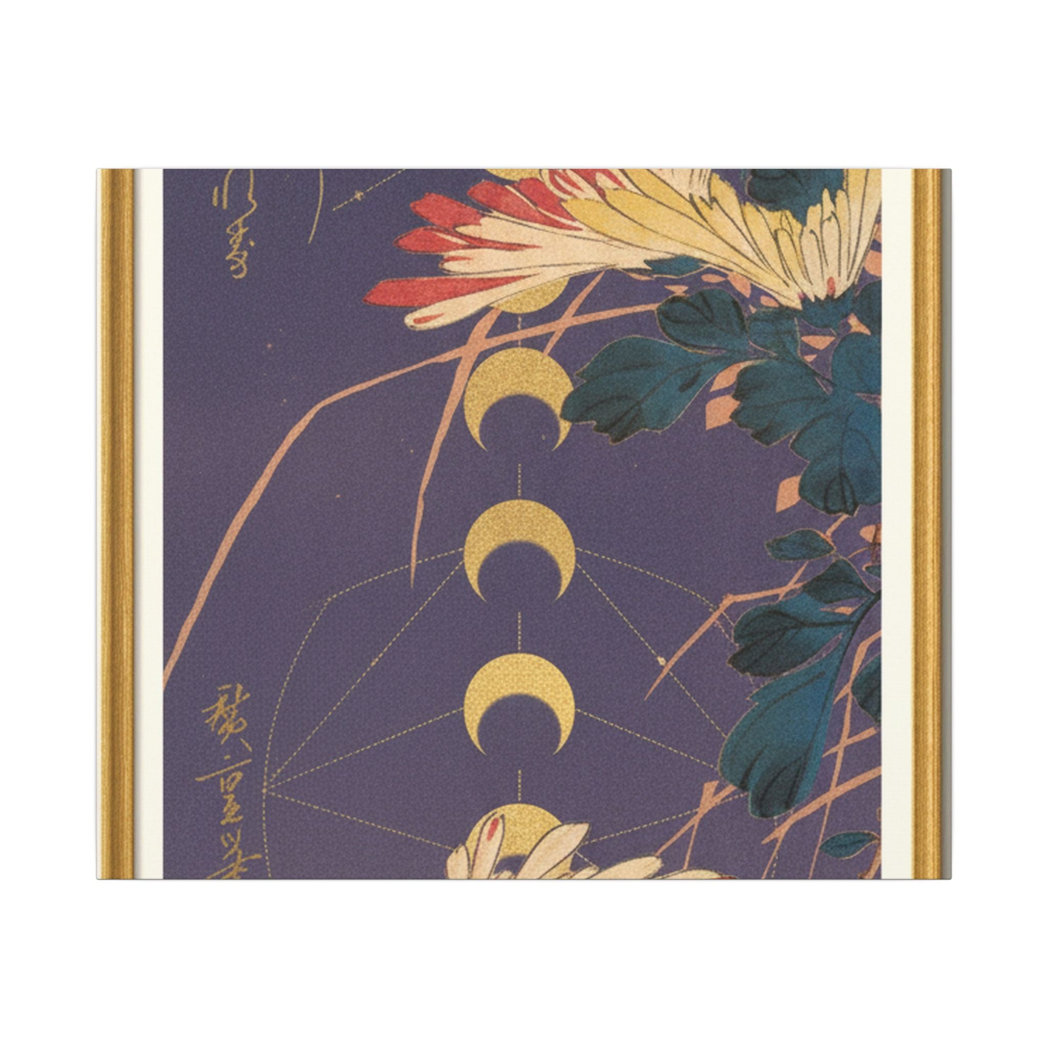 Chrysanthemum and Gold Moon Phases Woodblock Matte Canvas