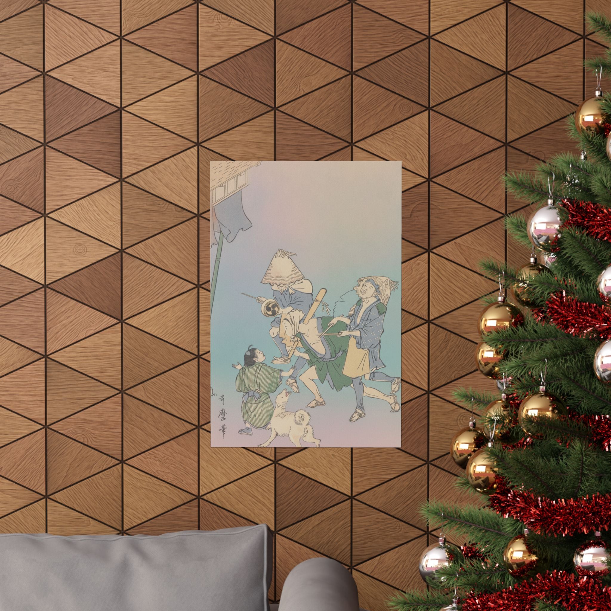 Affirmation — Three Revelers Of The Lower Classes, Wearing Komuso Hats, With Small Boy And Dog — Matte Poster