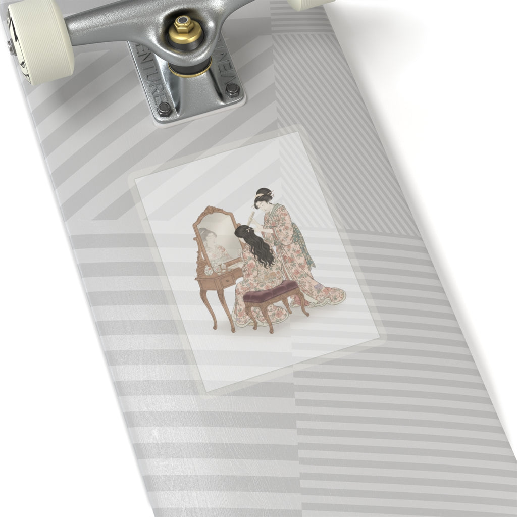 Ecommerce Main — A Woman At Her Toilet Seated Before A Mirror, Having Her Hair Combed By A Kameyu — Kiss-Cut Sticker