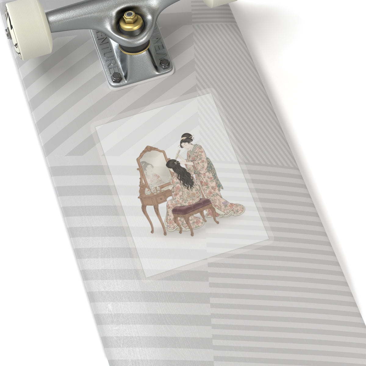 Ecommerce Main — A Woman At Her Toilet Seated Before A Mirror, Having Her Hair Combed By A Kameyu — Kiss-Cut Sticker