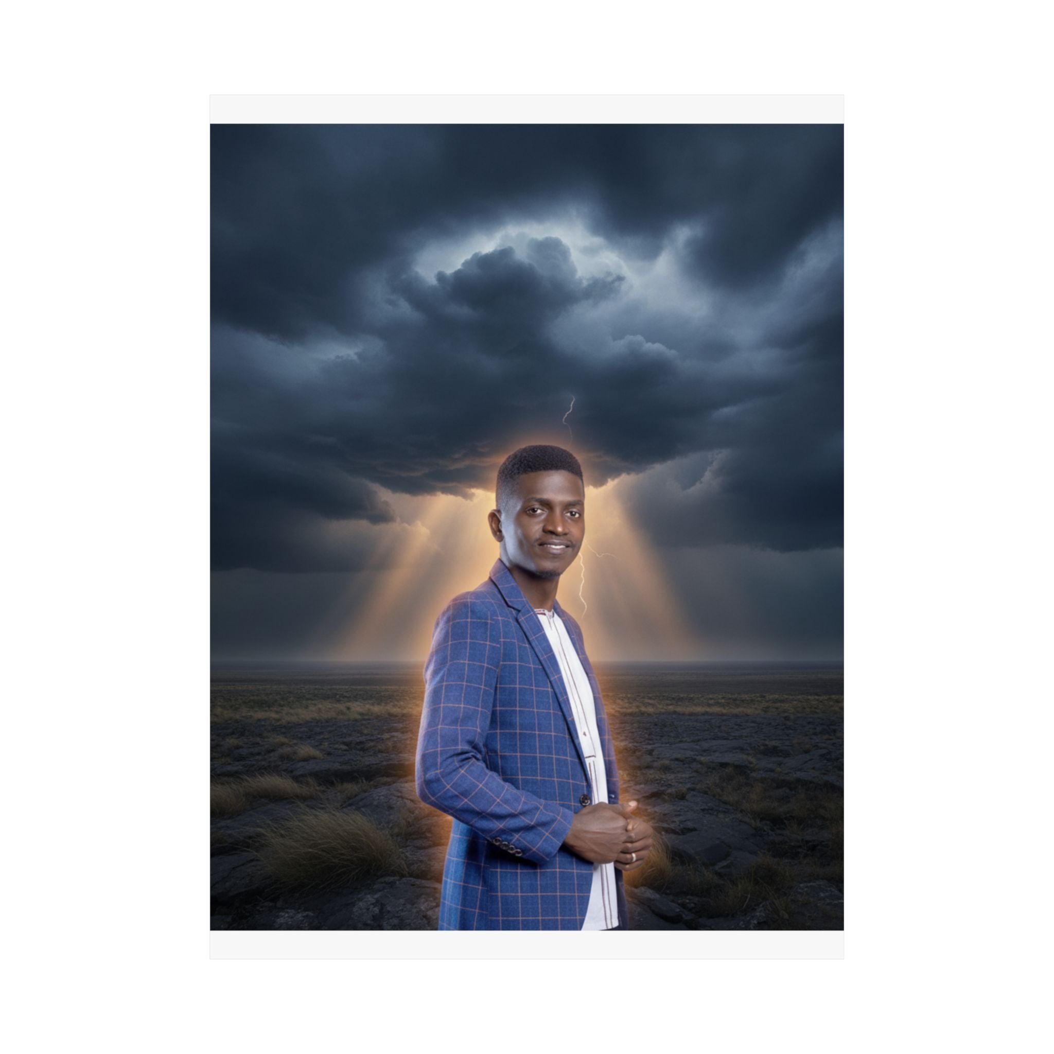 Smiling Man Blue Check Blazer Storm Sunrays Matte Poster