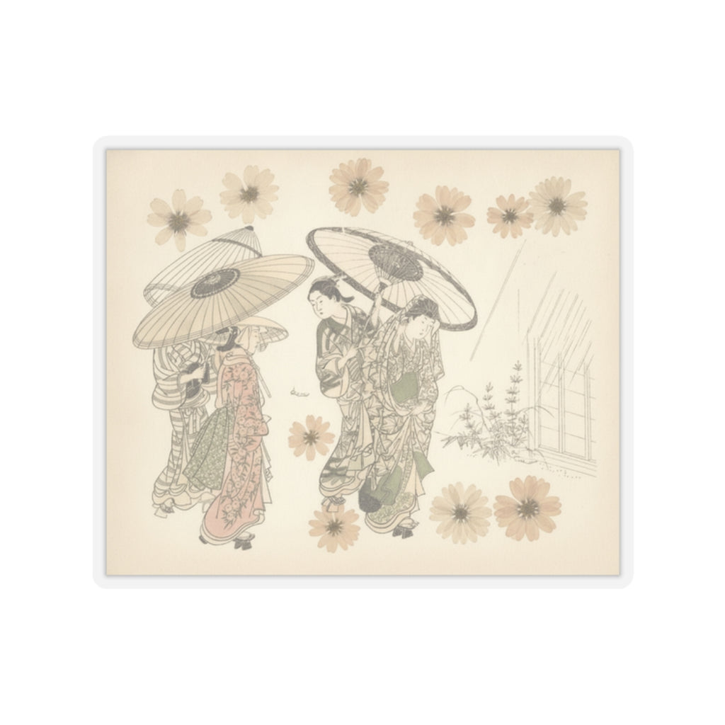 Botanical — A Lady With Three Attendants In The Rain — Kiss-Cut Sticker