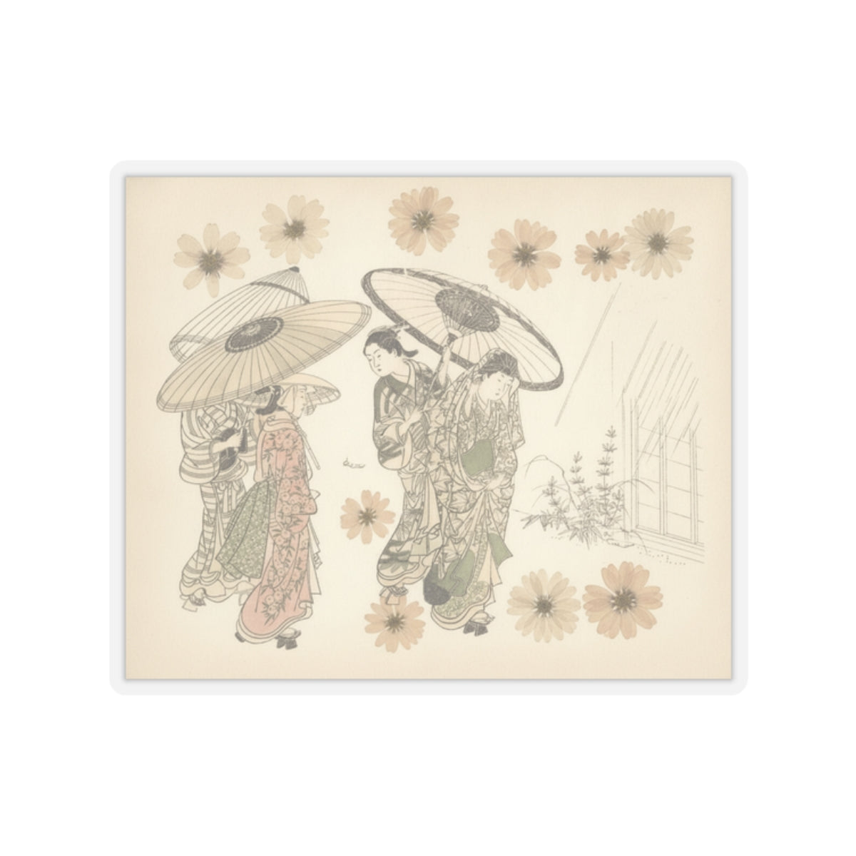 Botanical — A Lady With Three Attendants In The Rain — Kiss-Cut Sticker