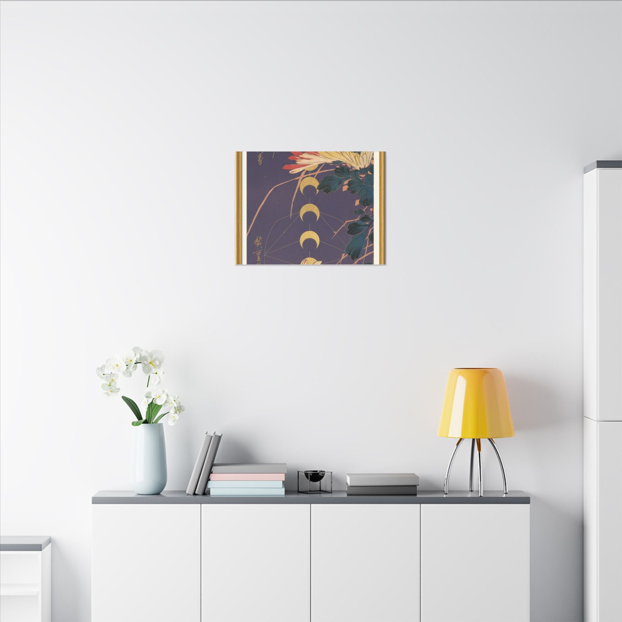 Chrysanthemum and Gold Moon Phases Woodblock Matte Canvas