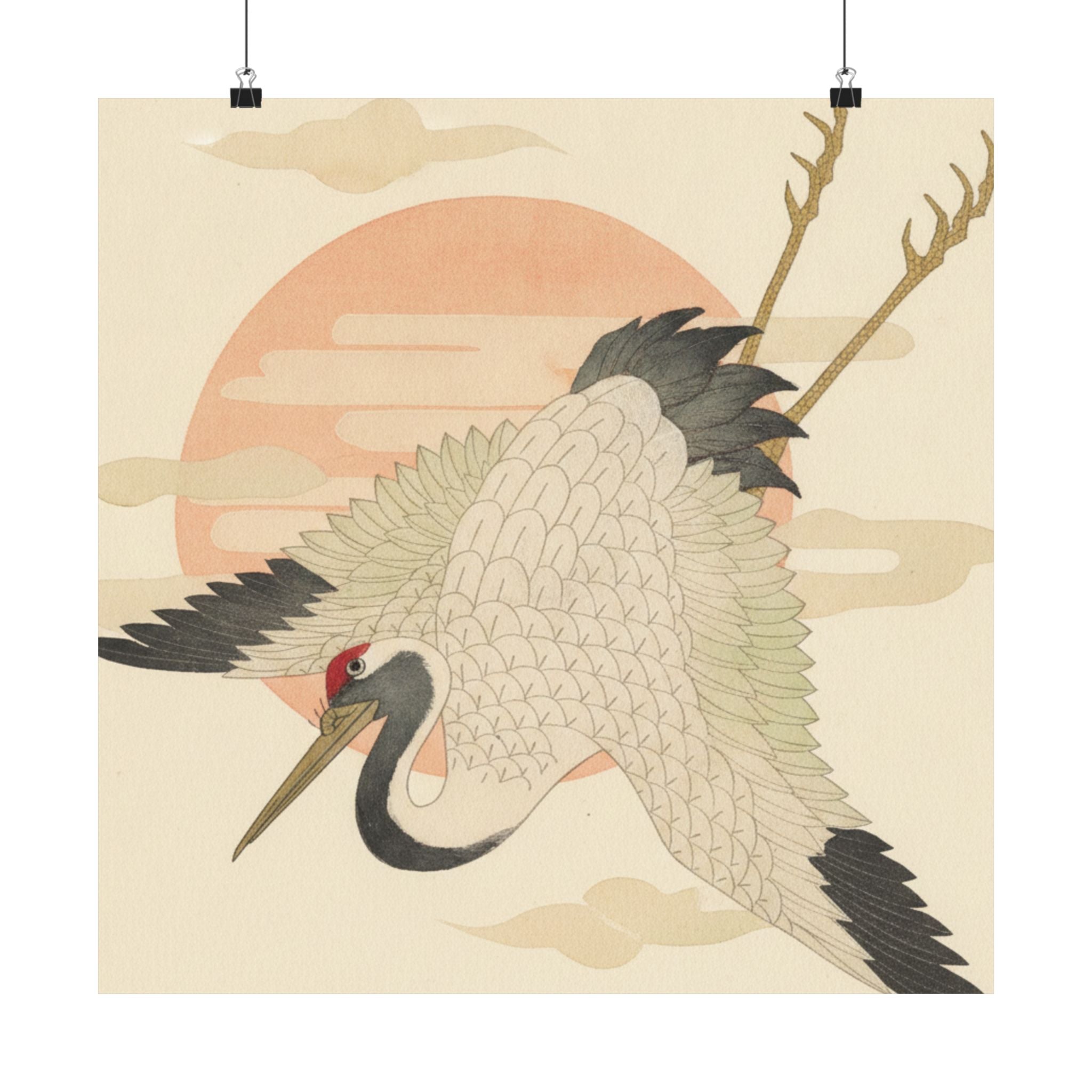 Botanical — White Crane Flying Across The Sun'S Disc — Matte Poster