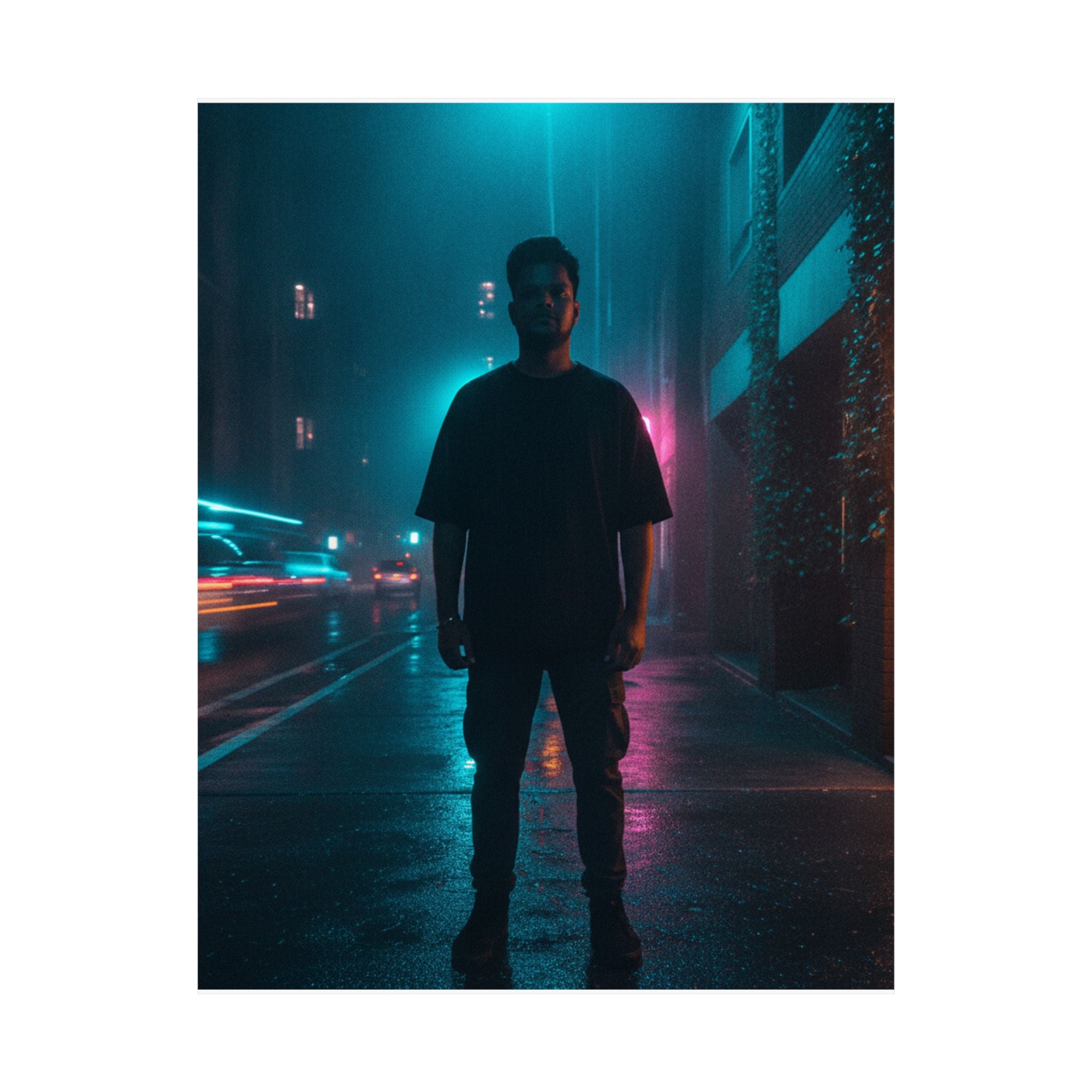 Rainy Neon City Street Silhouette Teal Pink Matte Poster