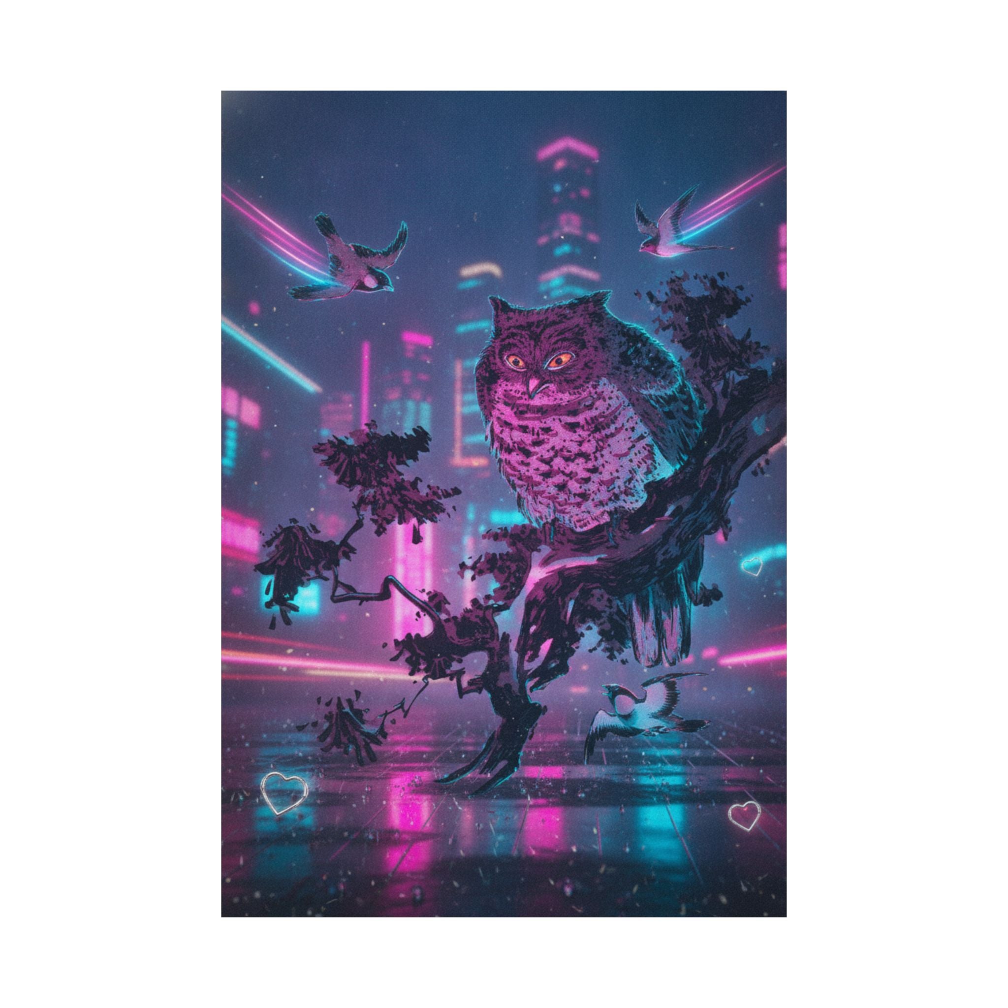 Neon Noir — Owl And Two Swallows — Matte Poster