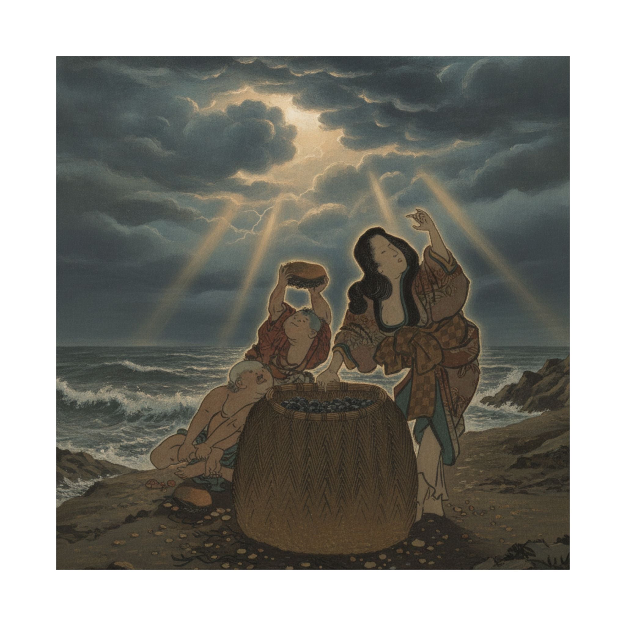 Dramatic Storm — Fisherwoman With A Basket And Two Boys — Matte Poster