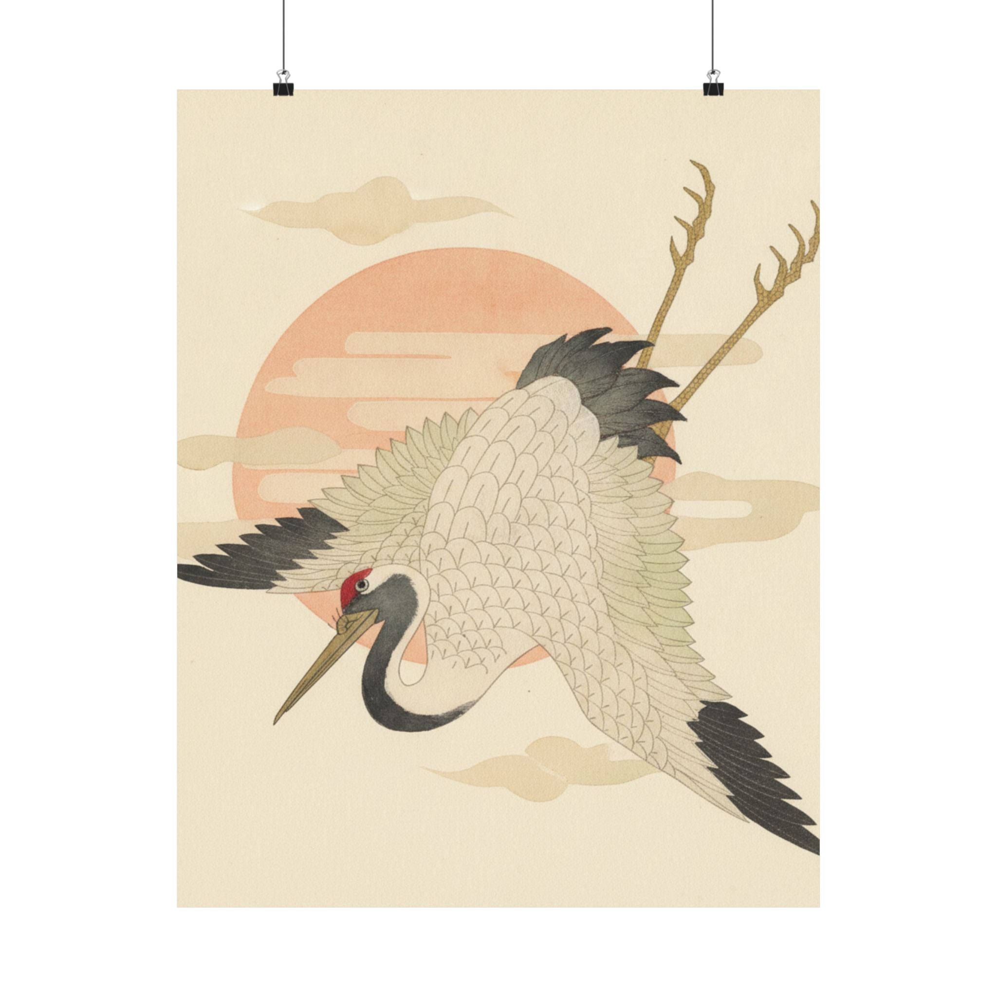 Botanical — White Crane Flying Across The Sun'S Disc — Matte Poster