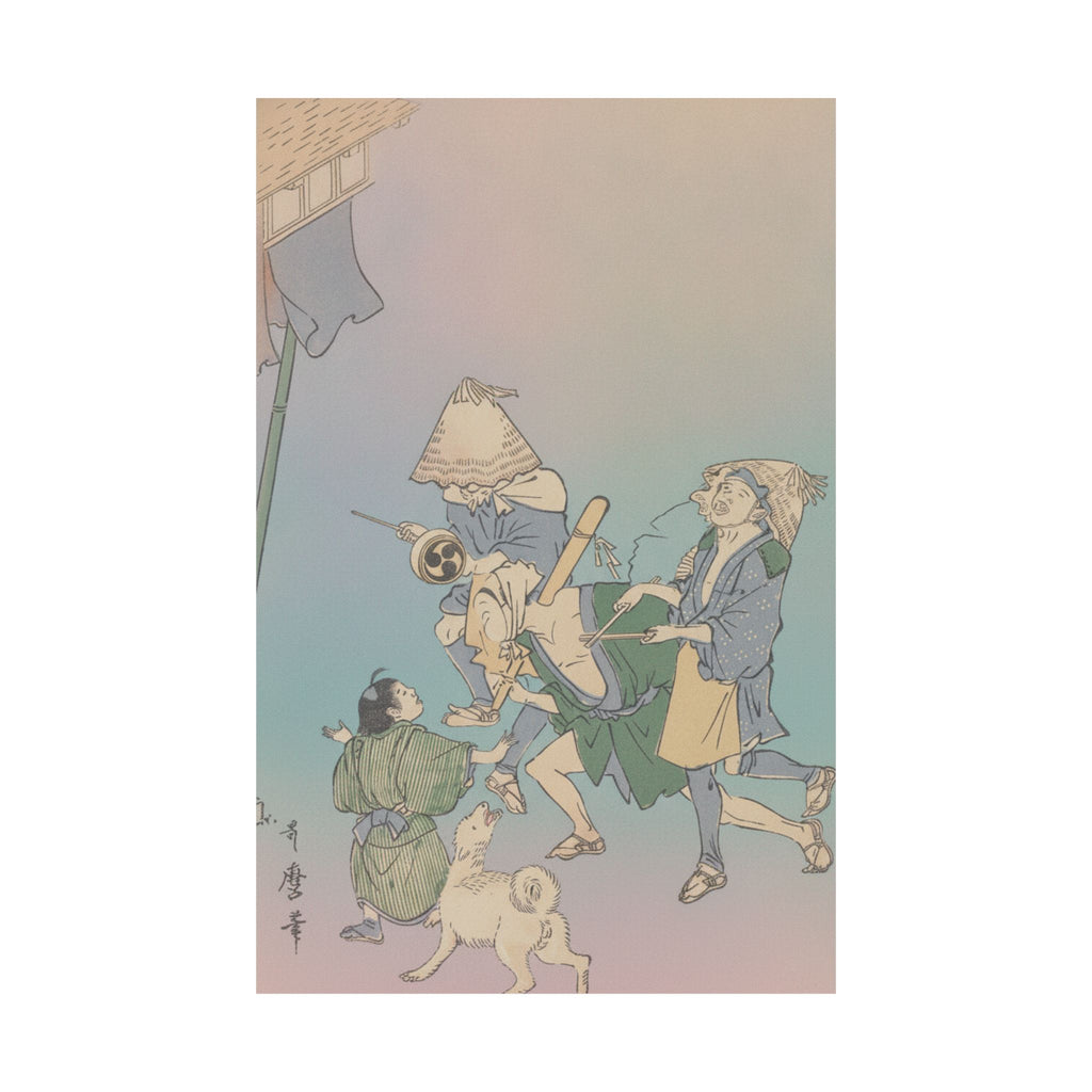 Affirmation — Three Revelers Of The Lower Classes, Wearing Komuso Hats, With Small Boy And Dog — Matte Poster