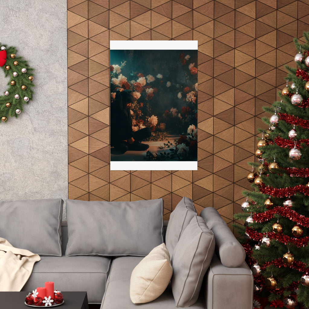 Kneeling Figure in Dark Rose Garden Moody Poster