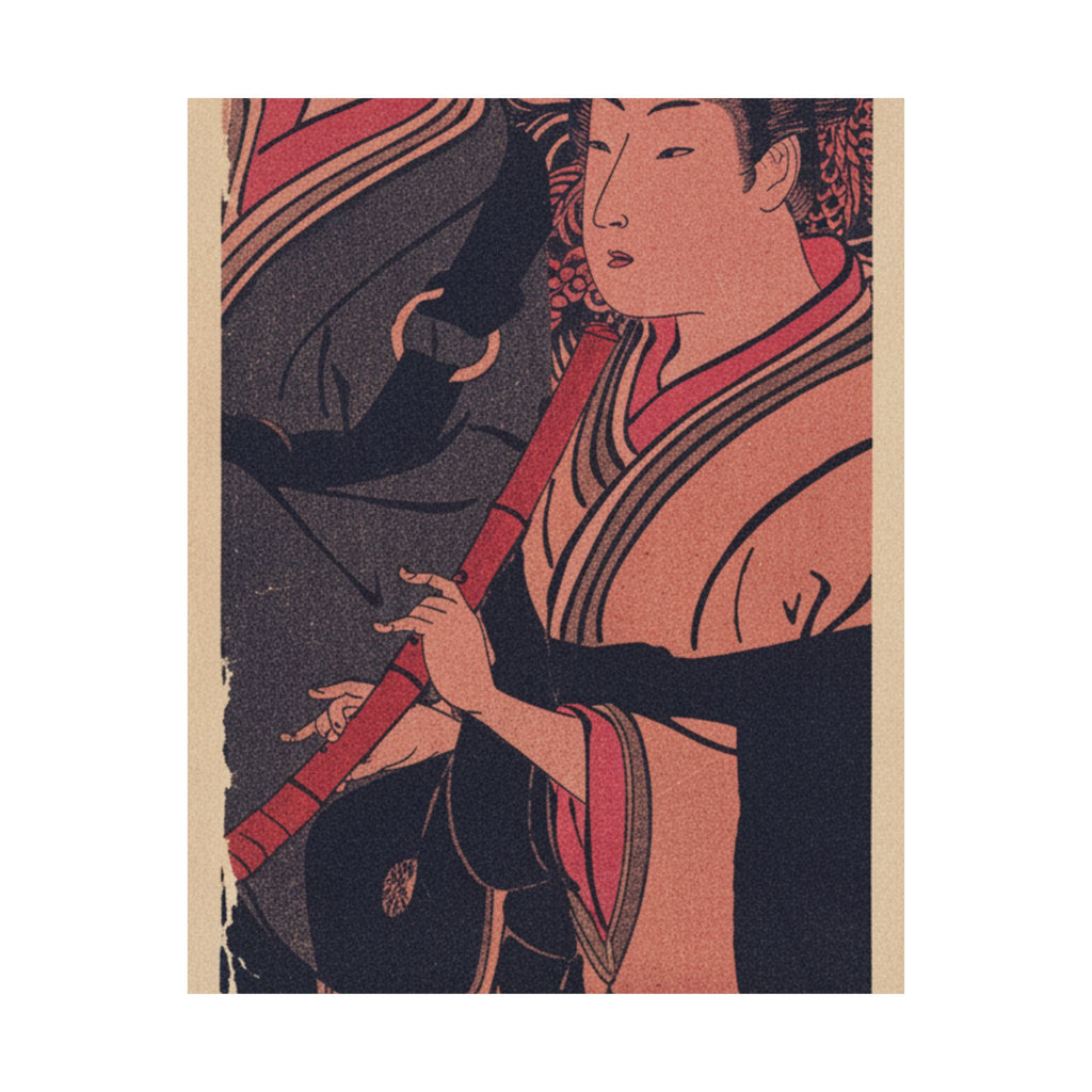 Japanese Street — Two Men, One Playing A Flute — Matte Poster