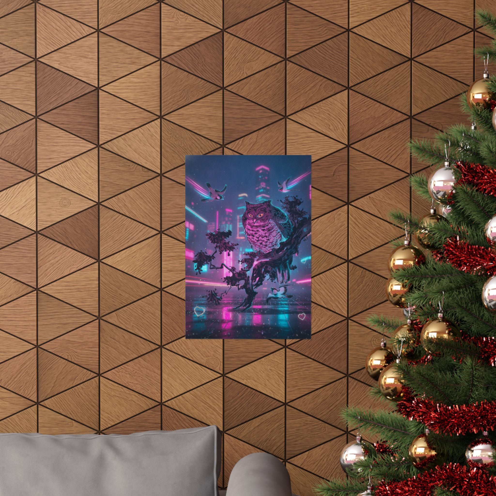 Neon Noir — Owl And Two Swallows — Matte Poster