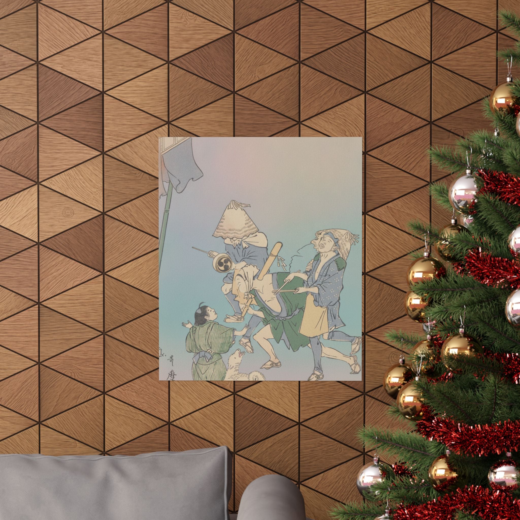 Affirmation — Three Revelers Of The Lower Classes, Wearing Komuso Hats, With Small Boy And Dog — Matte Poster