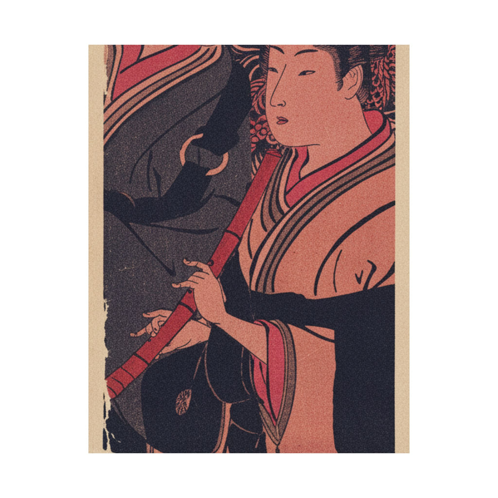 Japanese Street — Two Men, One Playing A Flute — Matte Poster