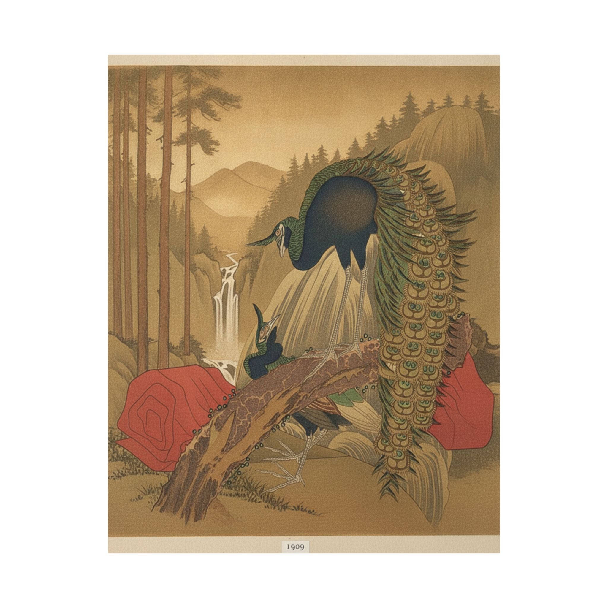 Scenic Nature — Painting Of Peacocks, Pines, A Waterfall, And A Roll Of Red Fabric — Matte Poster