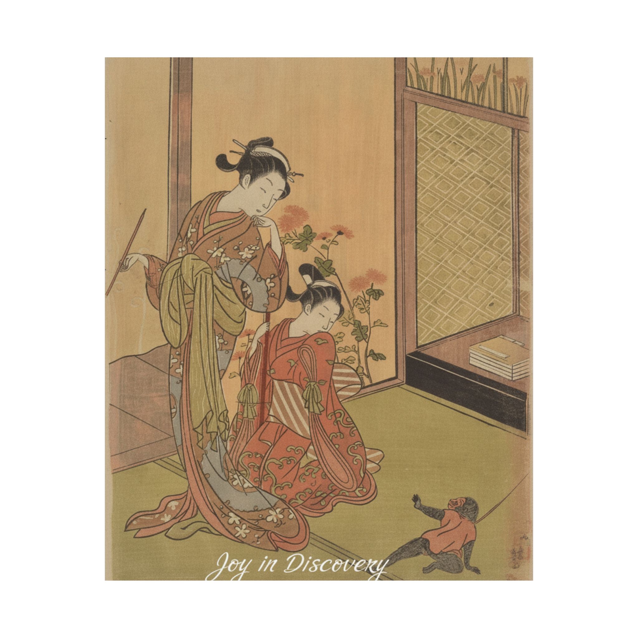 Affirmation — Two Girls Looking At A Monkey On A Leash — Matte Poster