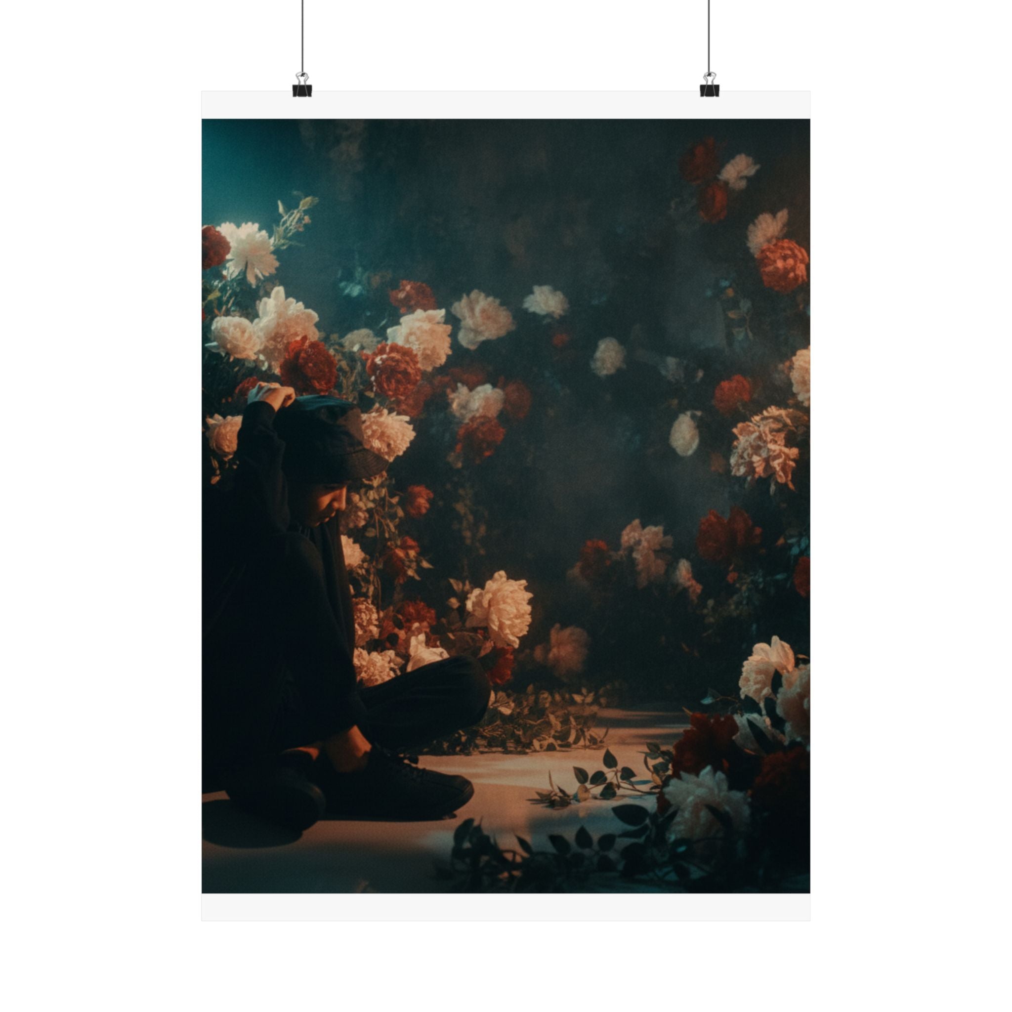 Kneeling Figure in Dark Rose Garden Moody Poster