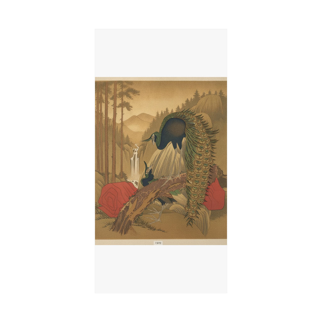 Scenic Nature — Painting Of Peacocks, Pines, A Waterfall, And A Roll Of Red Fabric — Matte Poster