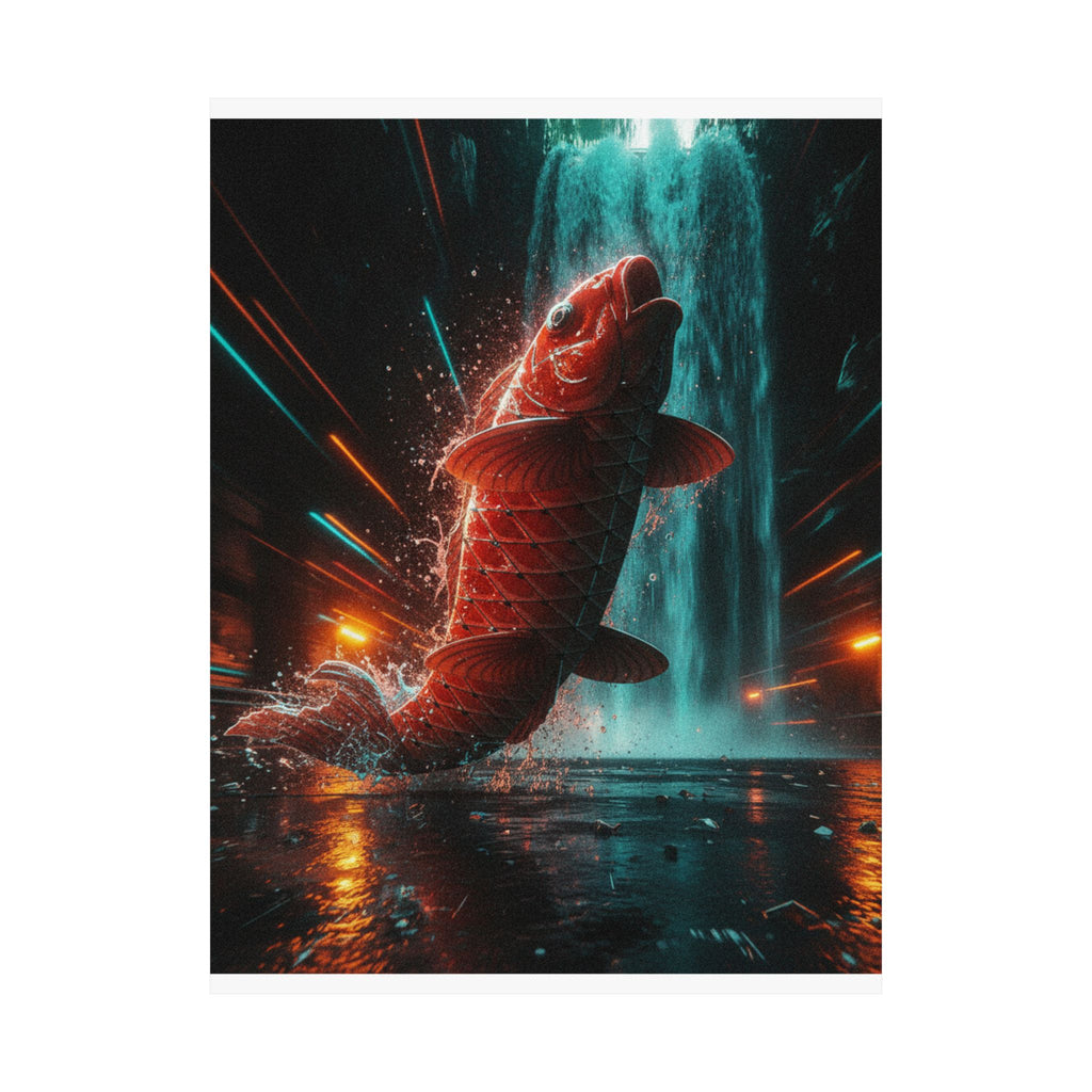 Fast Furious — Red Carp Ascending A Waterfall — Matte Poster