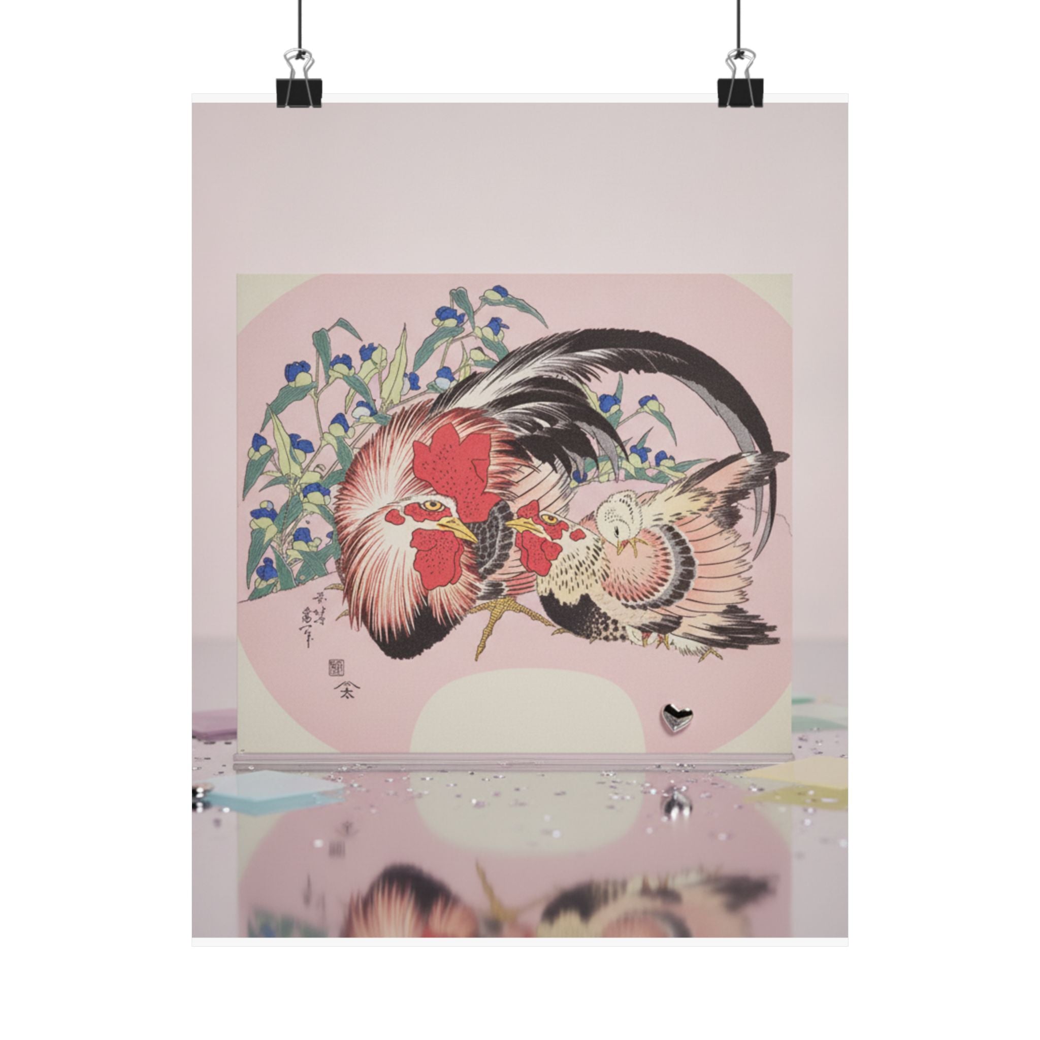 Product Marketing — Rooster, Hen And Chicken With Spiderwort — Matte Poster