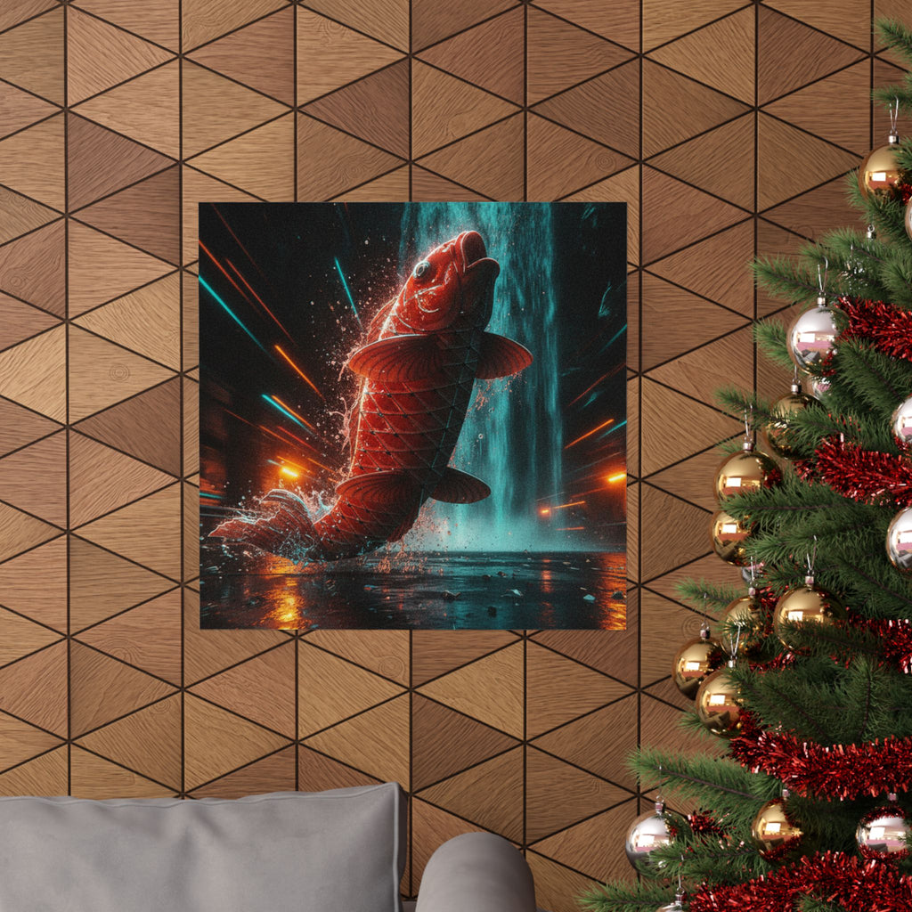 Fast Furious — Red Carp Ascending A Waterfall — Matte Poster