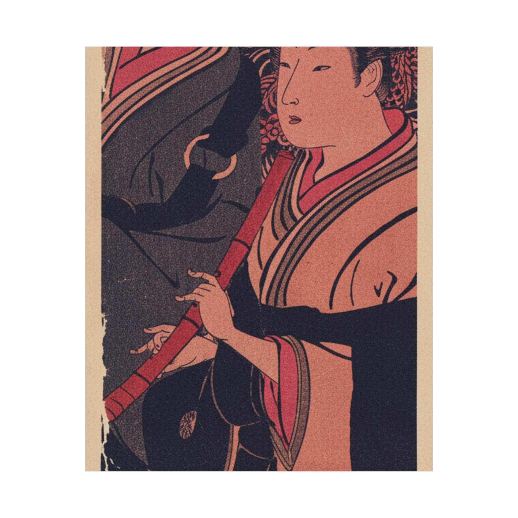 Japanese Street — Two Men, One Playing A Flute — Matte Poster