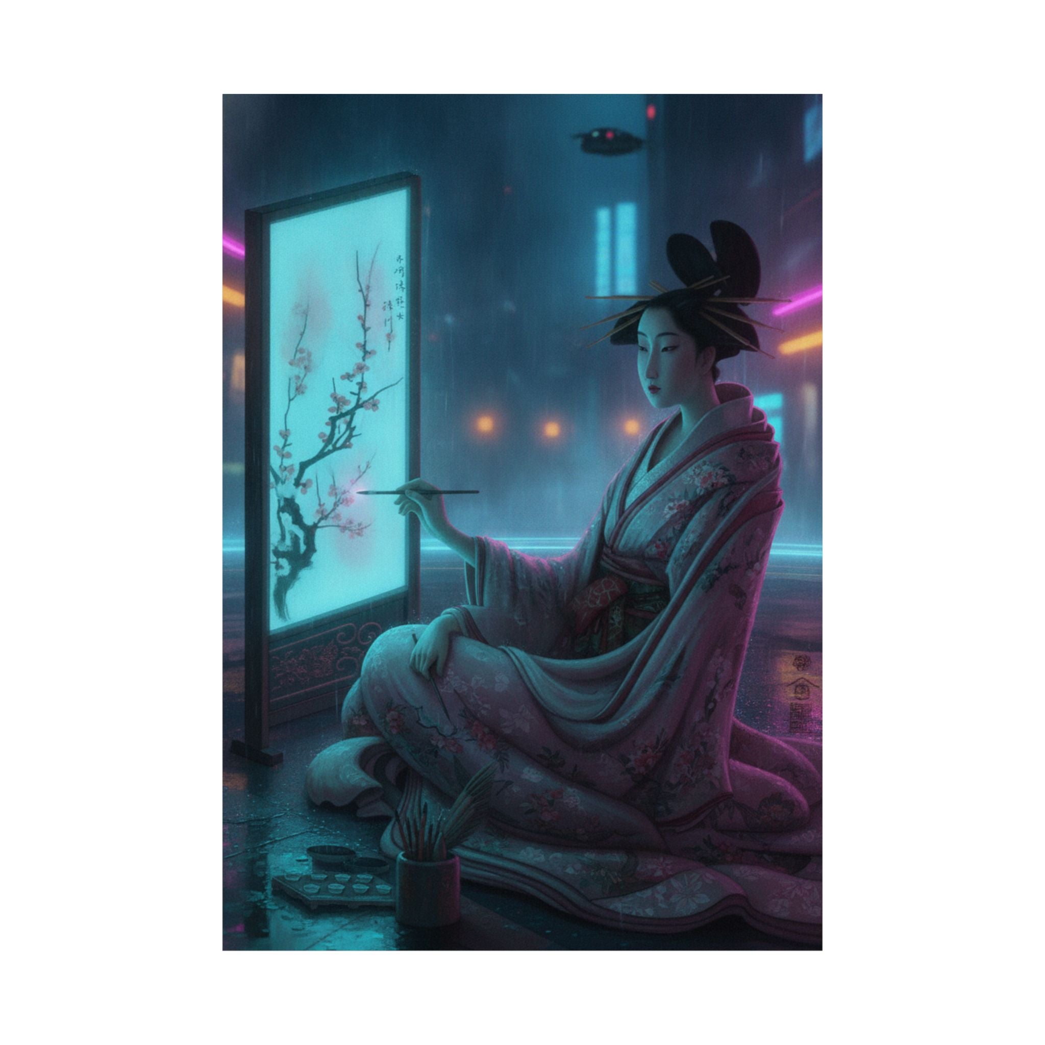 Neon Noir — Young Woman Painting A Screen — Matte Poster
