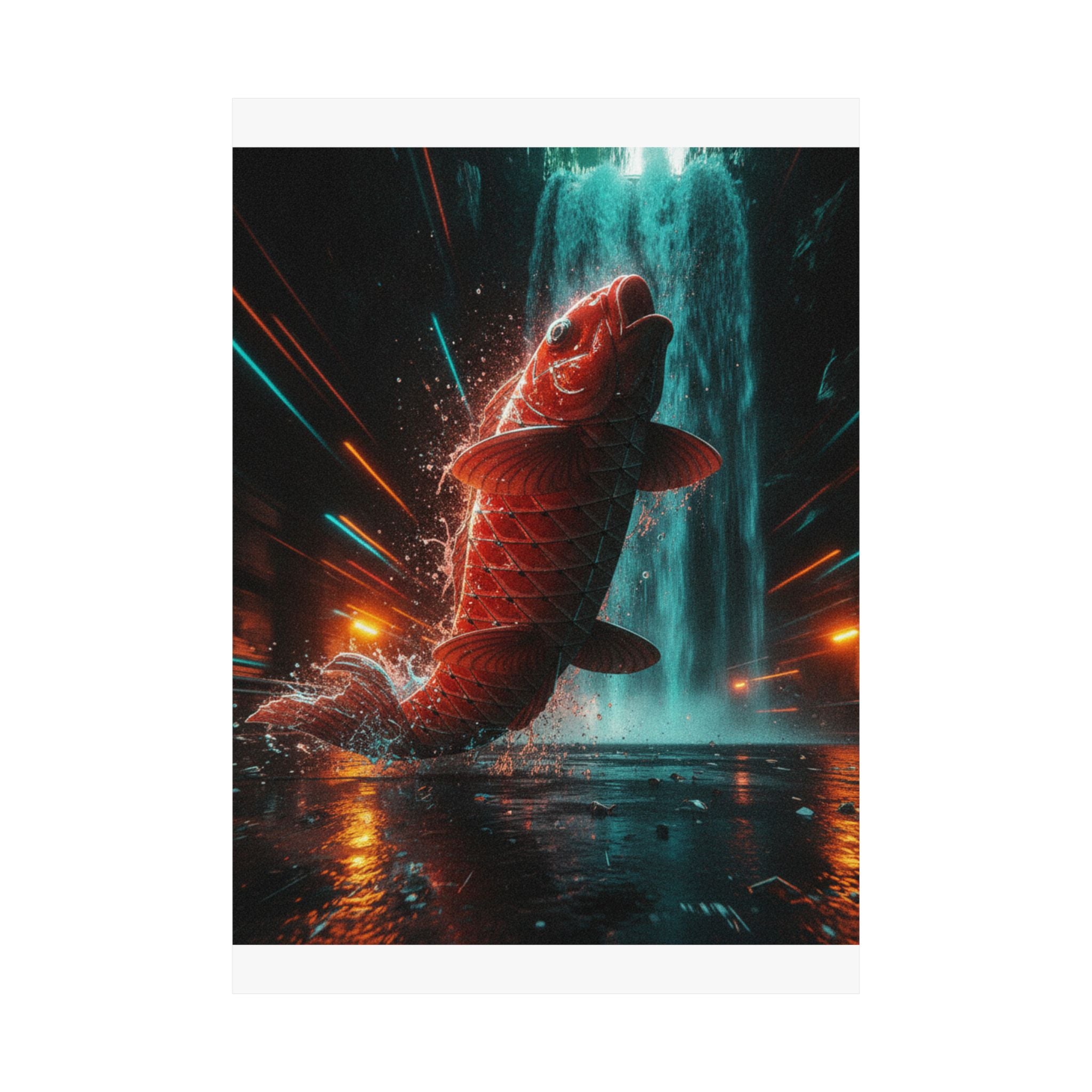 Fast Furious — Red Carp Ascending A Waterfall — Matte Poster