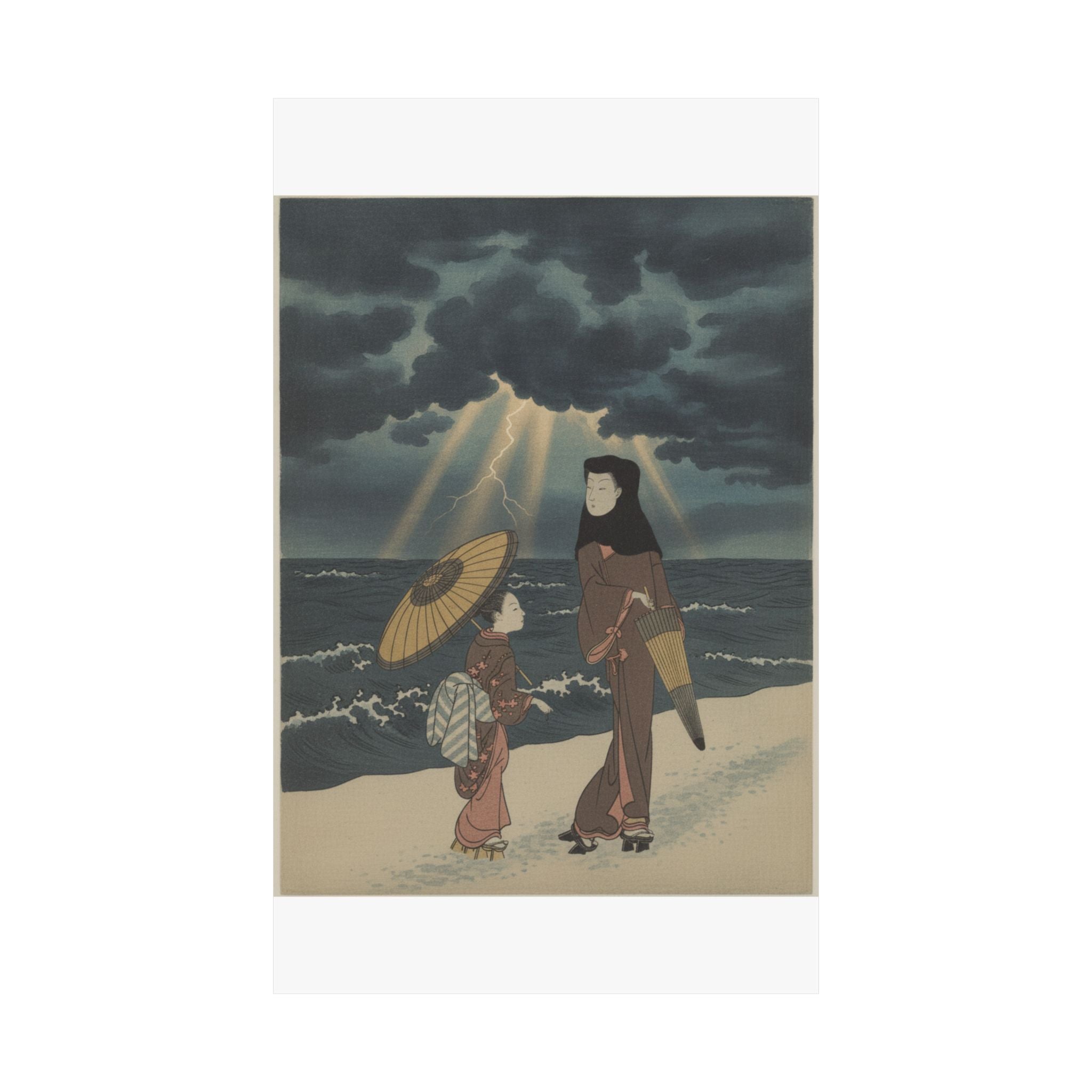 Dramatic Storm — Lady With Black Hood And Umbrella Out Walking With Young Attendant — Matte Poster