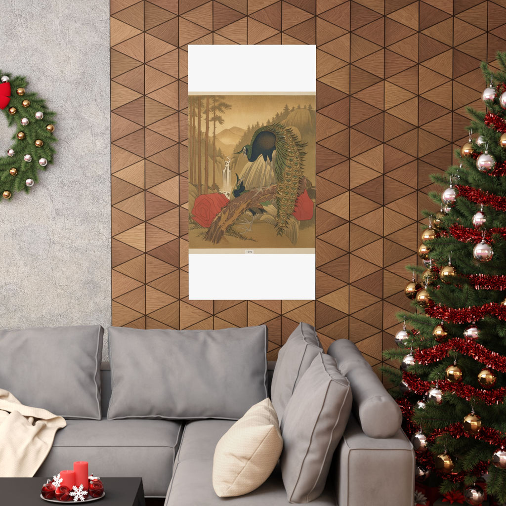 Scenic Nature — Painting Of Peacocks, Pines, A Waterfall, And A Roll Of Red Fabric — Matte Poster
