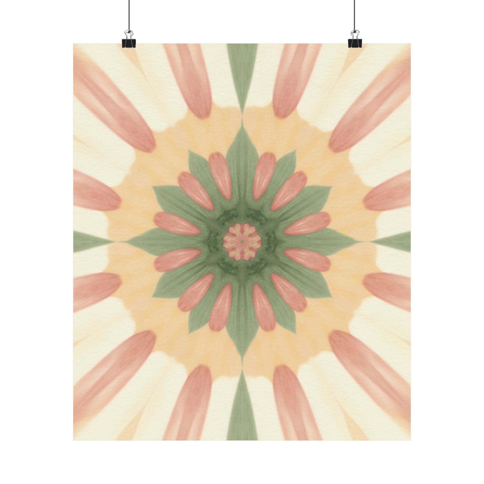 Peach and Sage Floral Kaleidoscope Mandala Poster