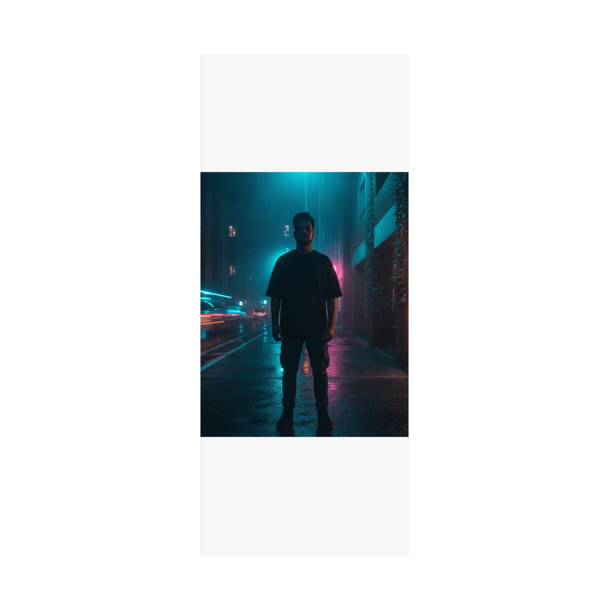Rainy Neon City Street Silhouette Teal Pink Matte Poster